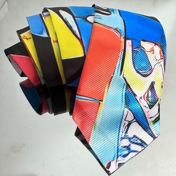 Handmade Tie Designer Menswear Necktie Mid Century Patchwork Blue Mod Size ONE SIZE - 6 Thumbnail