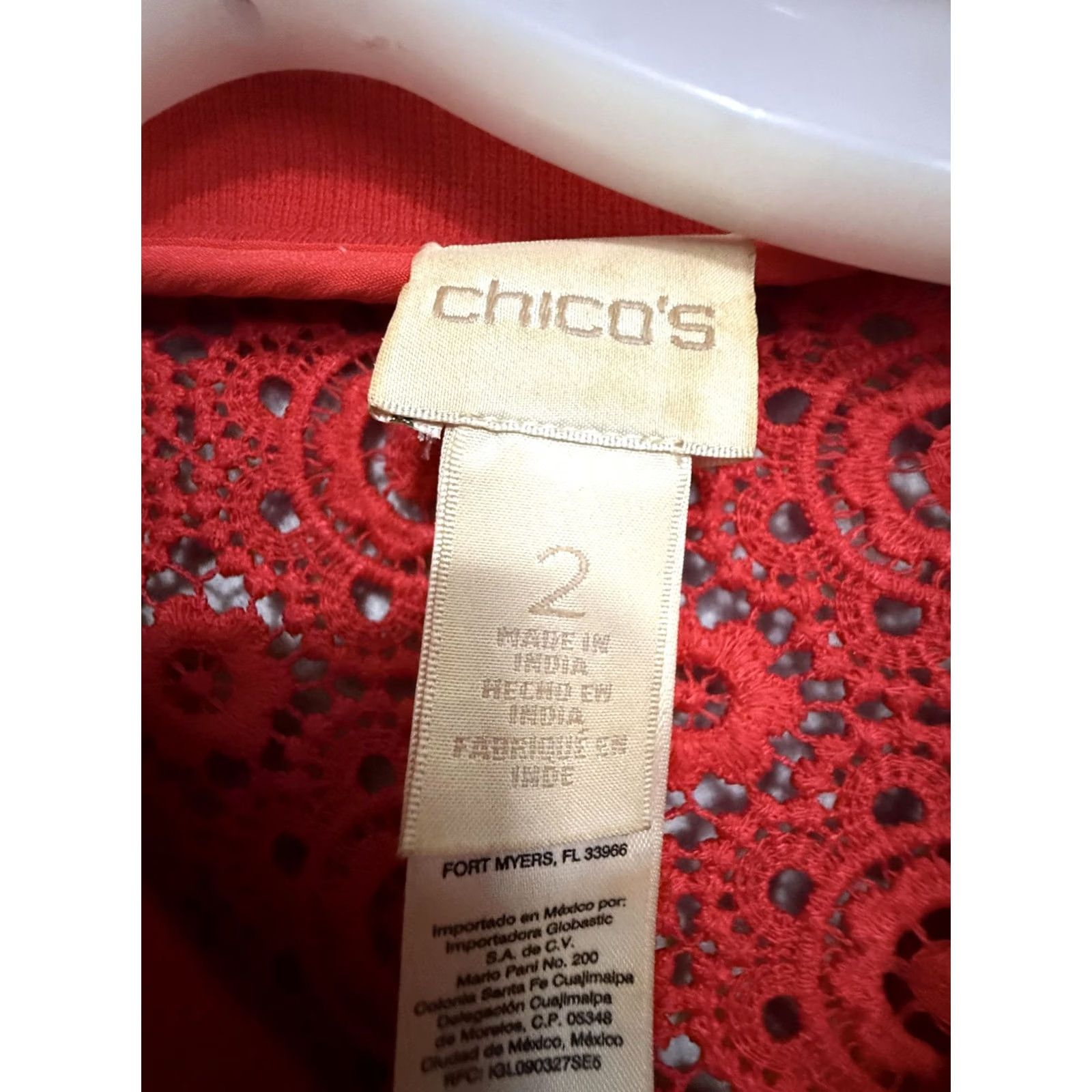 Vintage Chico's Jacket Womens 2 Red Lace Floral Bomber Zip Front Sheer Unlined Size XS / US 0-2 / IT 36-38 - 3 Thumbnail