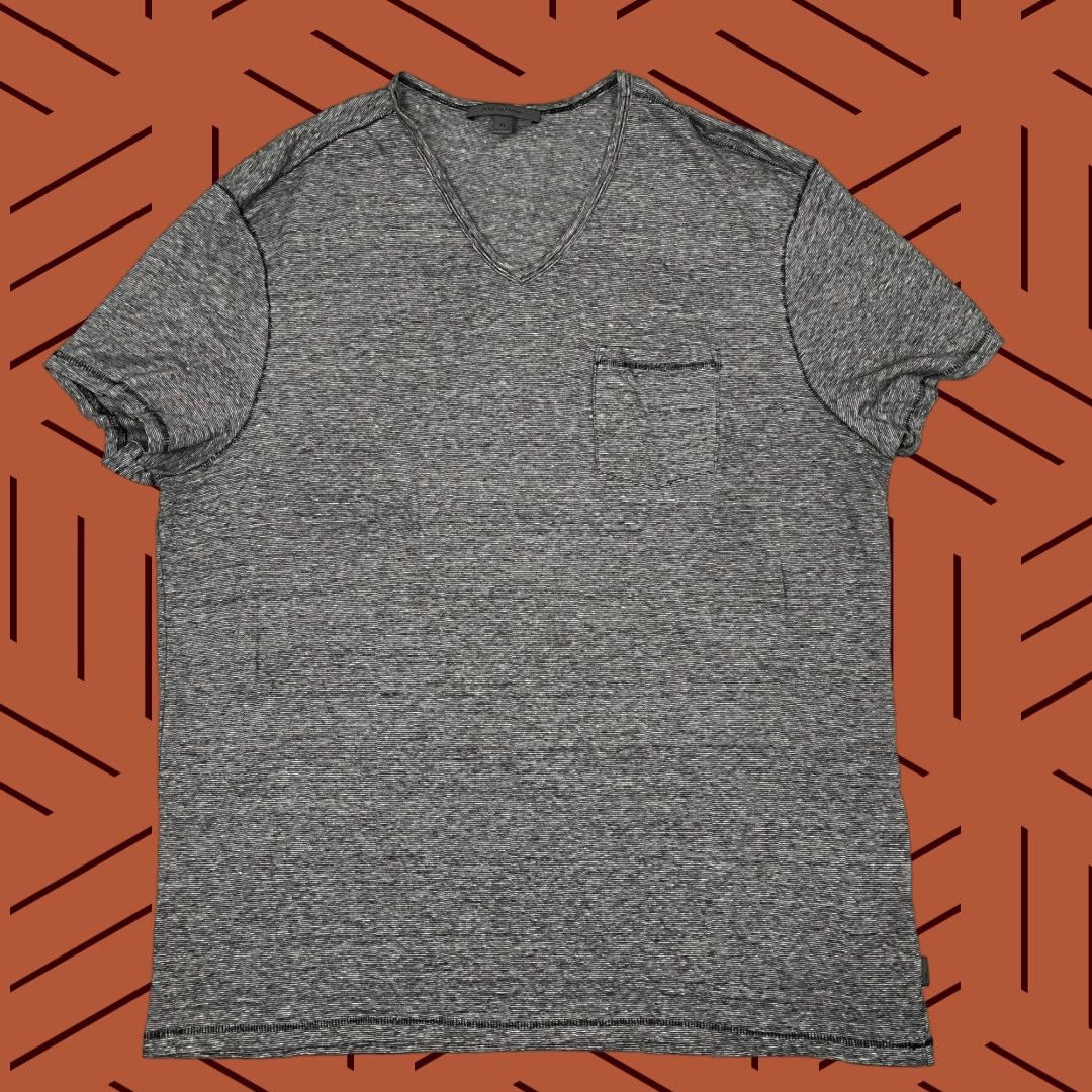 John Varvatos Shirt Mens XL Gray Linen Cotton Driggs V-Neck Feeder Stripe Casual
