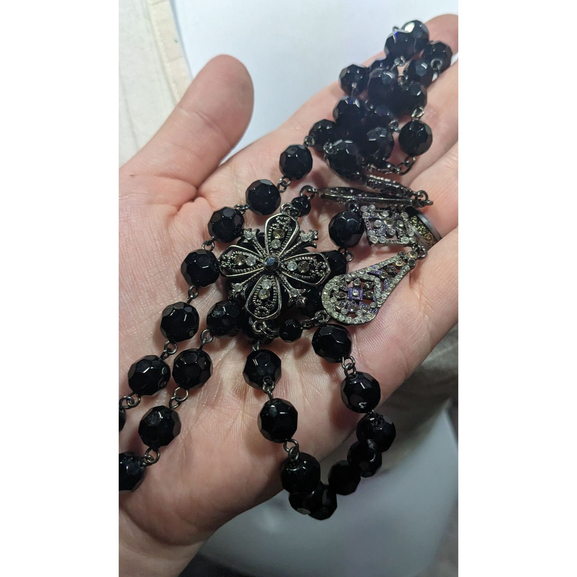 Other Glam Goth Floral Rhinestone Accented Black Beaded Opera Neck Size ONE SIZE - 6 Thumbnail