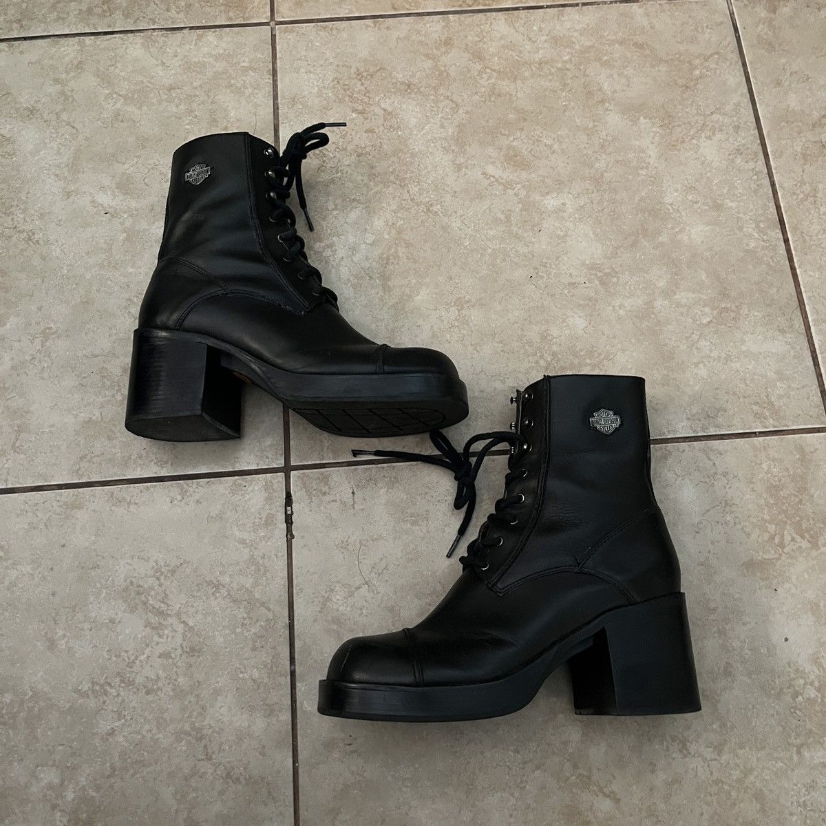 Harley Davidson × Leather × Vintage Harley Davidson Black Platform Heeled Boots Size US 10 / IT 40 - 2 Thumbnail