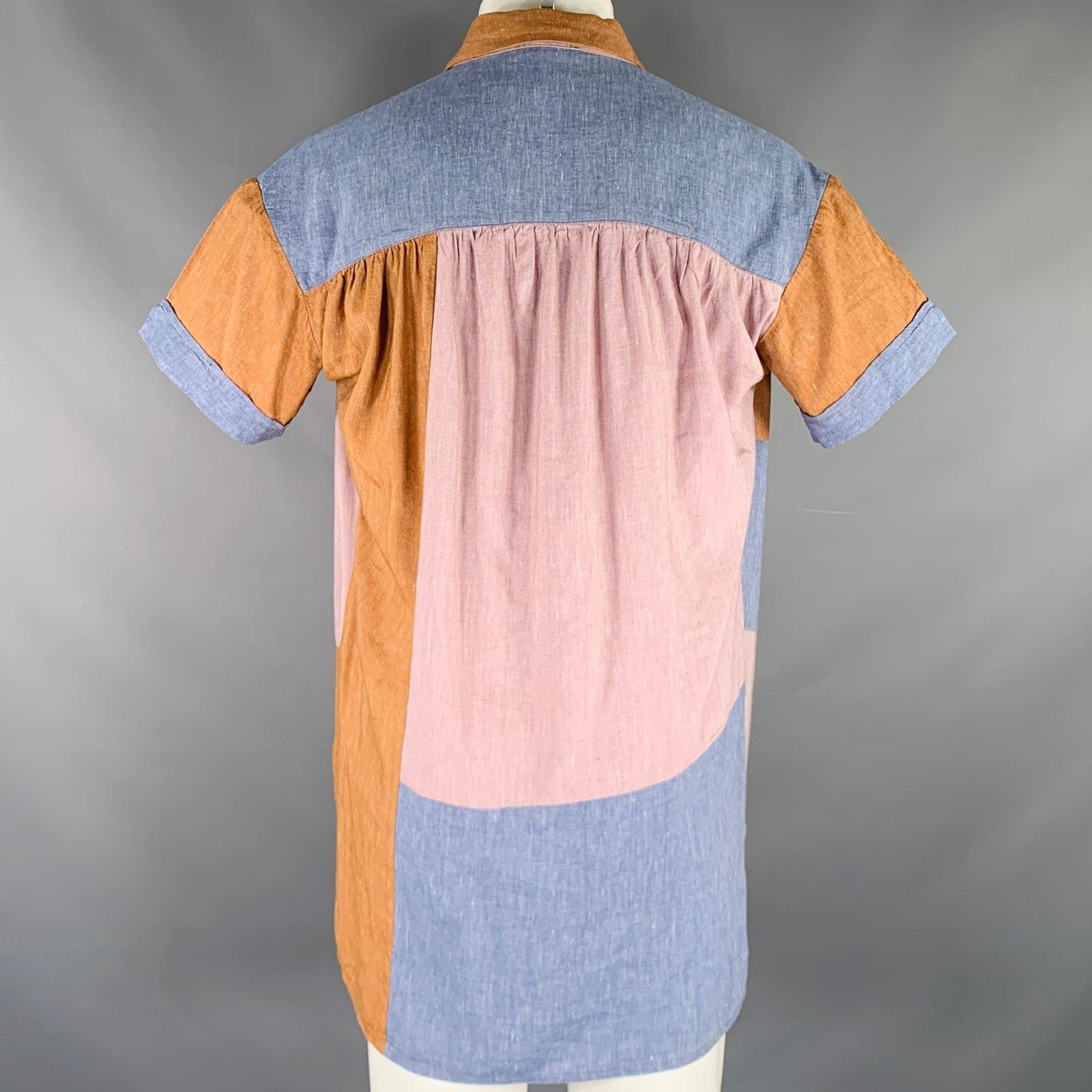 Other S Blue Purple Brown Linen Viscose Color Block Ruched Shirt Size S / US 4 / IT 40 - 3 Thumbnail
