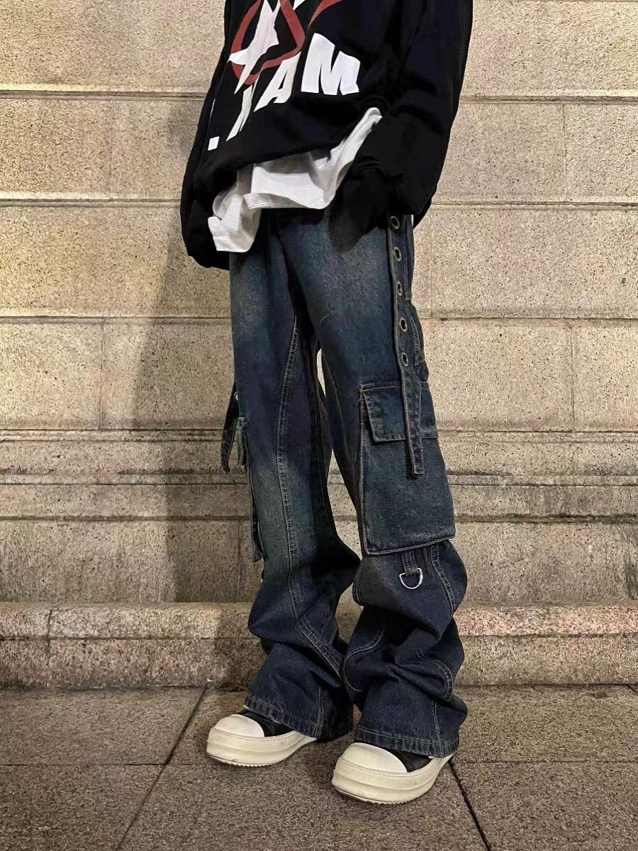 image of Vintage Multi-Pocket Straight-Leg Cargo Baggy Jeans in Blue, Men's (Size 32)