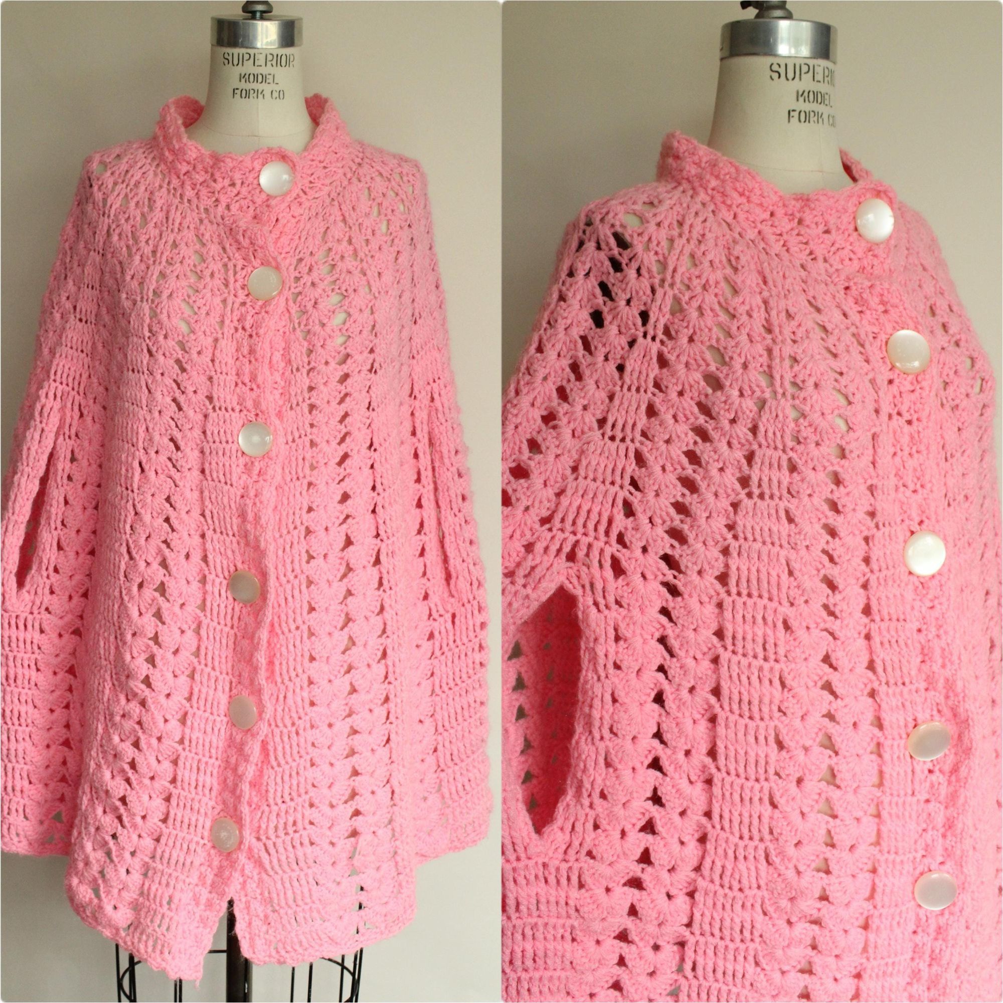 Vintage 1960s 1970s Poncho Shawl Pink Knit or Crochet with