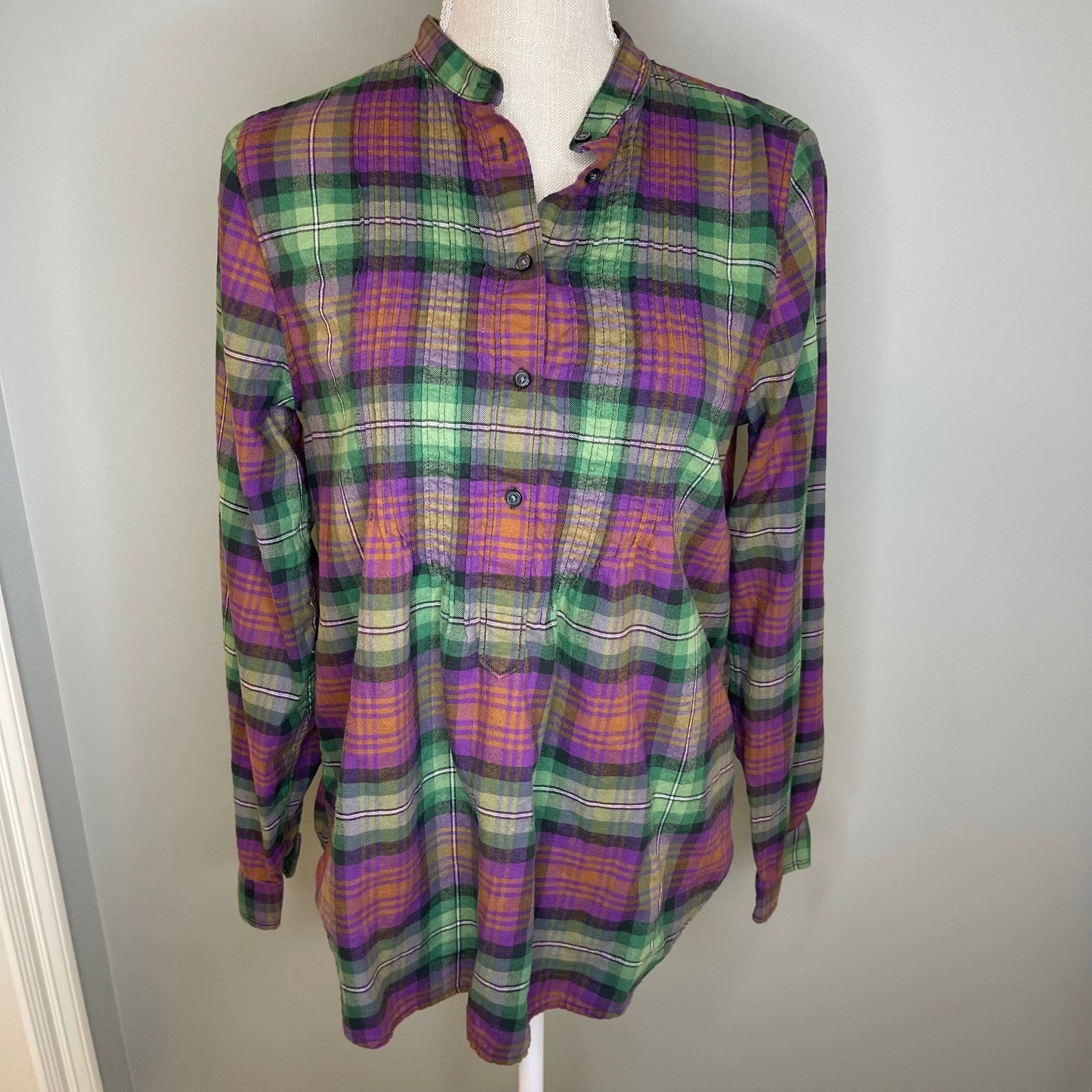Lands' End Lands End Pullover Pleated Bib Plaid Tunic Top, 8 Size M / US 6-8 / IT 42-44 - 4 Thumbnail