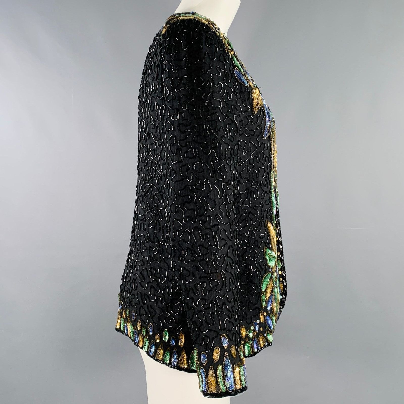 ZENITH M Black Multi Color Silk Sequined Jacket Blazer Size M / US 6-8 / IT 42-44 - 3 Thumbnail