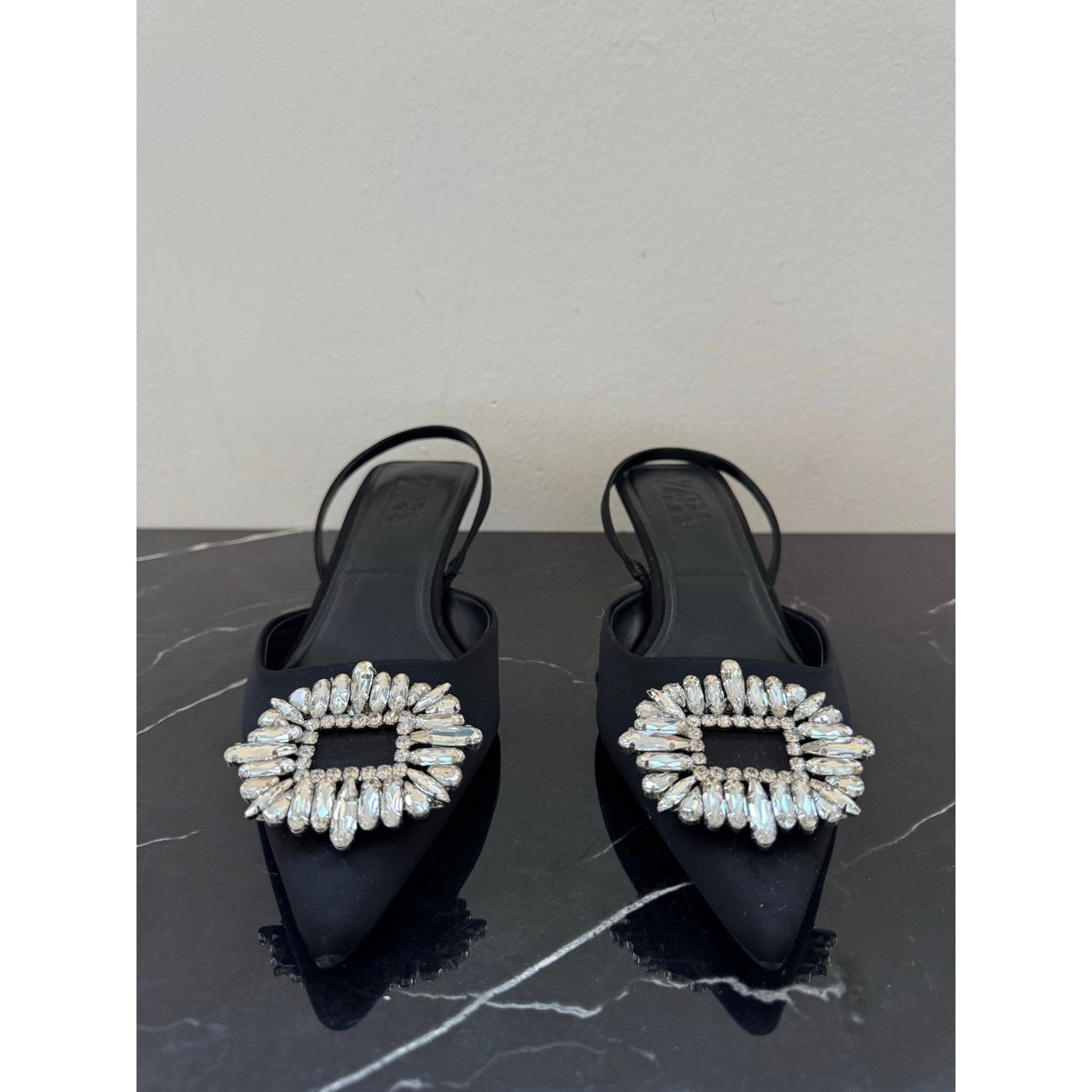 Zara Zara Black Rhinestone Pointed Toe Slingback Kitten Heel Size US 9 / IT 39 - 2 Thumbnail