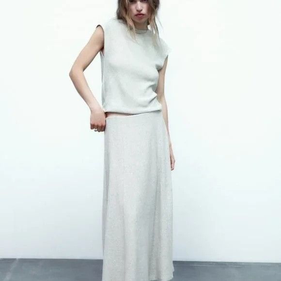 Zara Silver Knit Metallic Thread Sleeveless Top & Maxi Skir