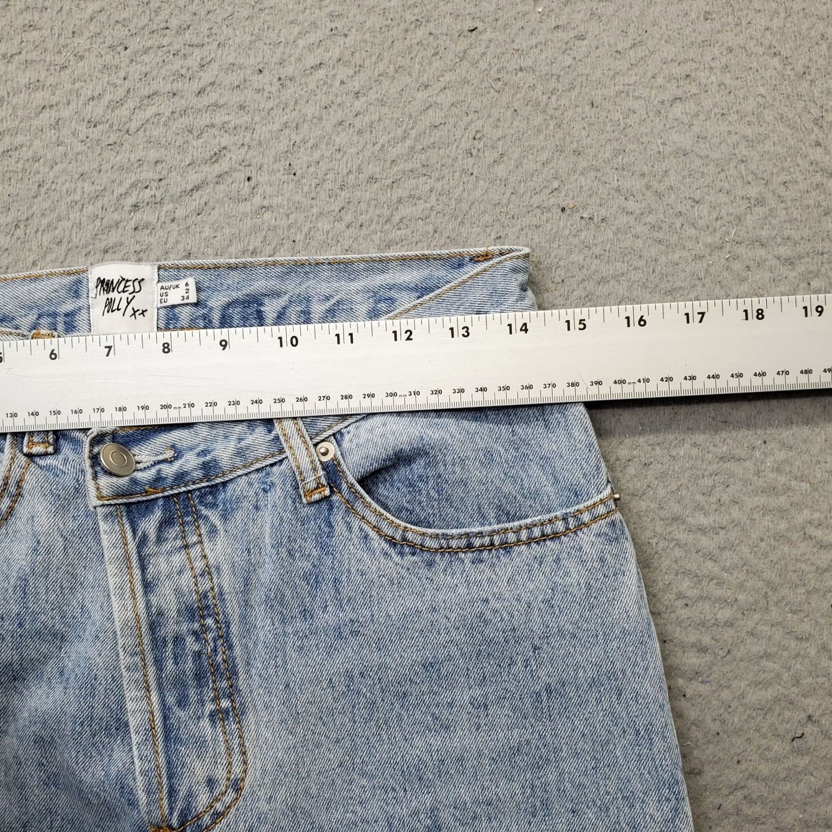 PRINCESS POLLY Princess Polly XX Asymmetric Jeans Womens 2 Blue Denim Straight Leg Button Fly Jeans Womens Size 2 Blue Denim 5-Pocket Design Regular Fit Mens? Womens Size 26" / US 2 / IT 38 - 6 Thumbnail