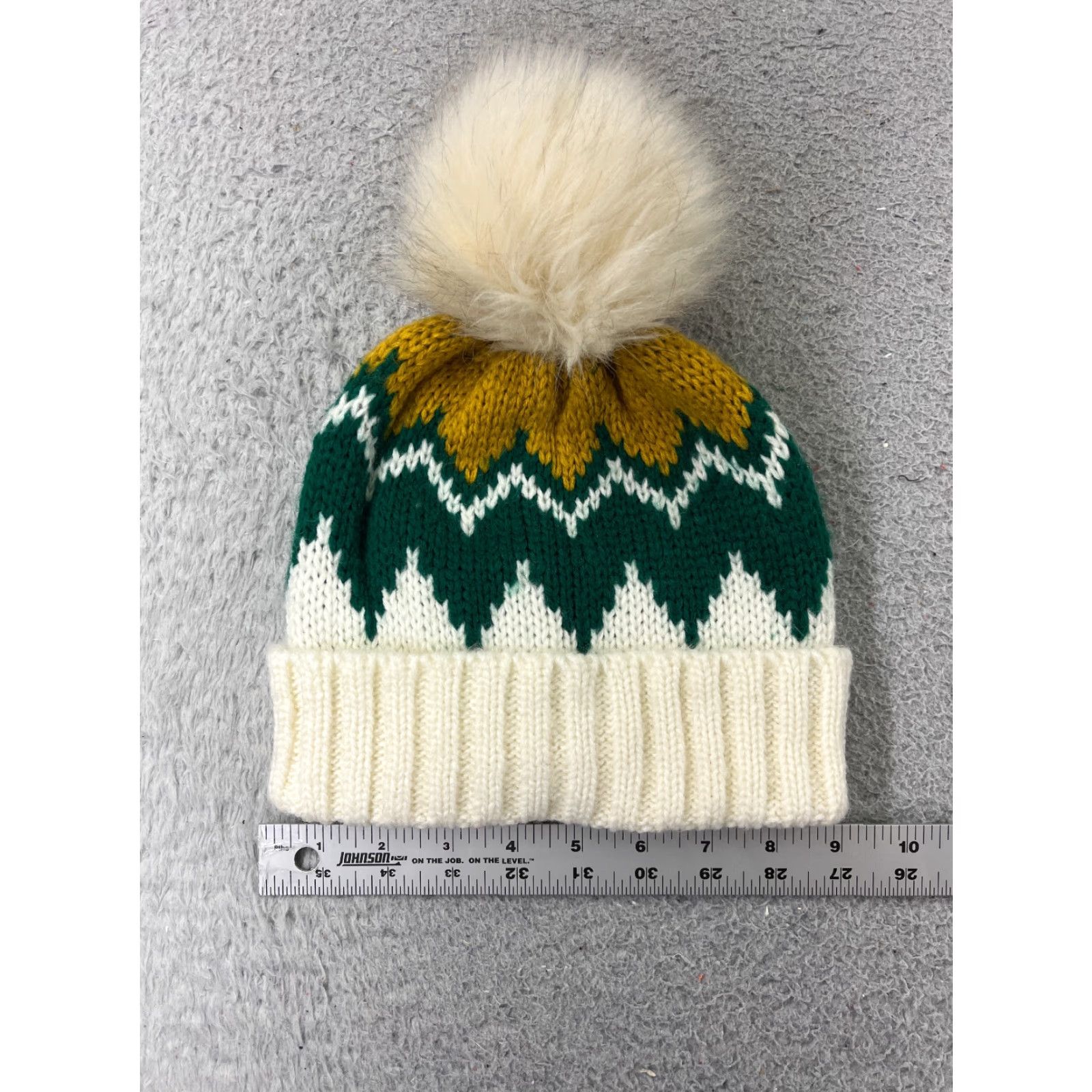 Vintage Flystpp Beanie Womens One Size Green White Chevron Knit Wool Blend Pom Hat Size ONE SIZE - 2 Thumbnail