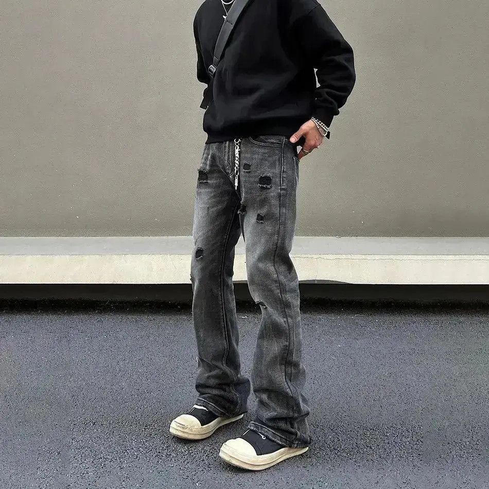 Japanese Brand Ripped Jeans Men Black Streetwear Y2k Denim Pants Size US 32 / EU 48 - 1 Thumbnail