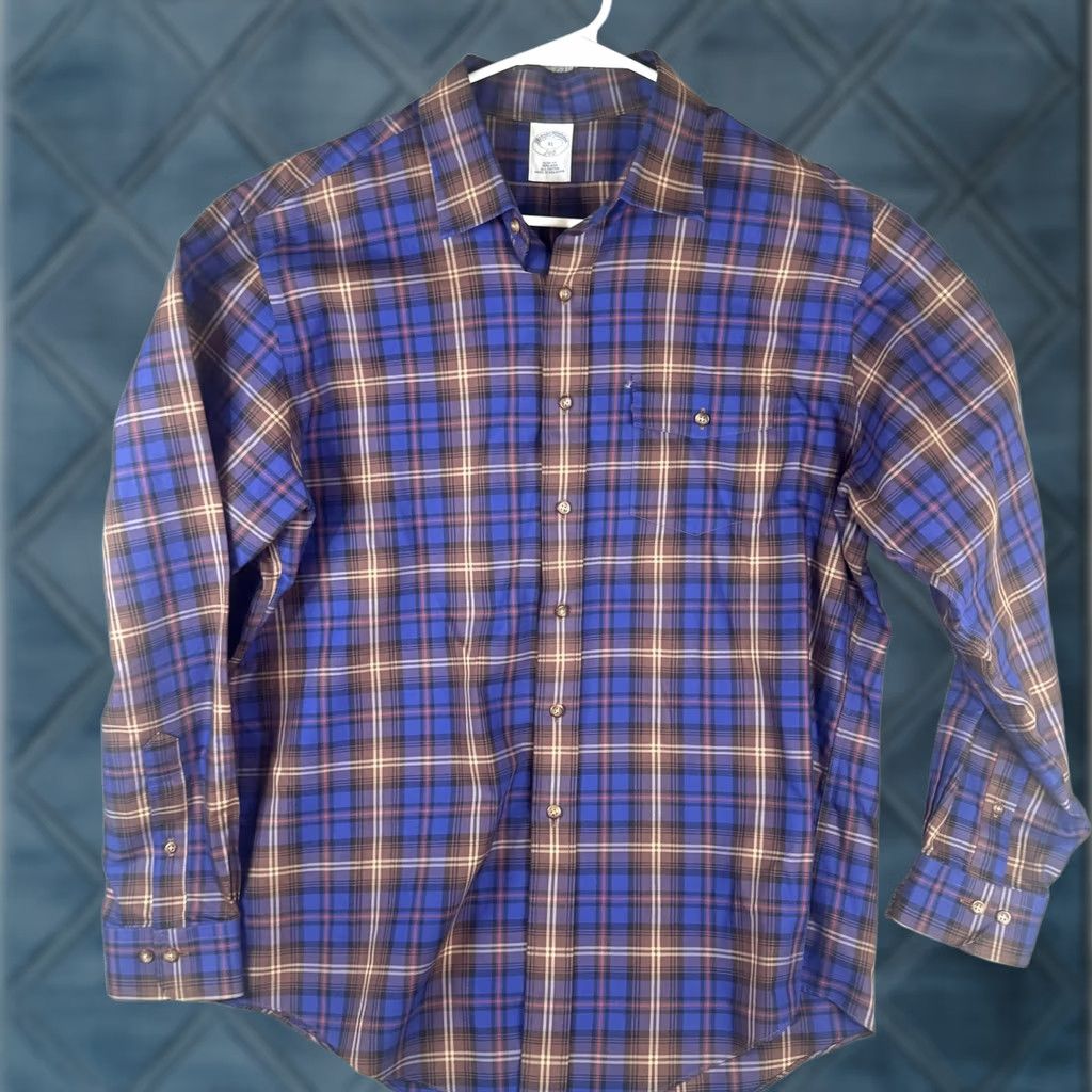 Brooks Brothers Brooks Brothers Shirt Mens XL Blue Plaid Non Iron Slim Fit Cotton Button Front Shirt Size US XL / EU 56 / 4 - 1 Thumbnail