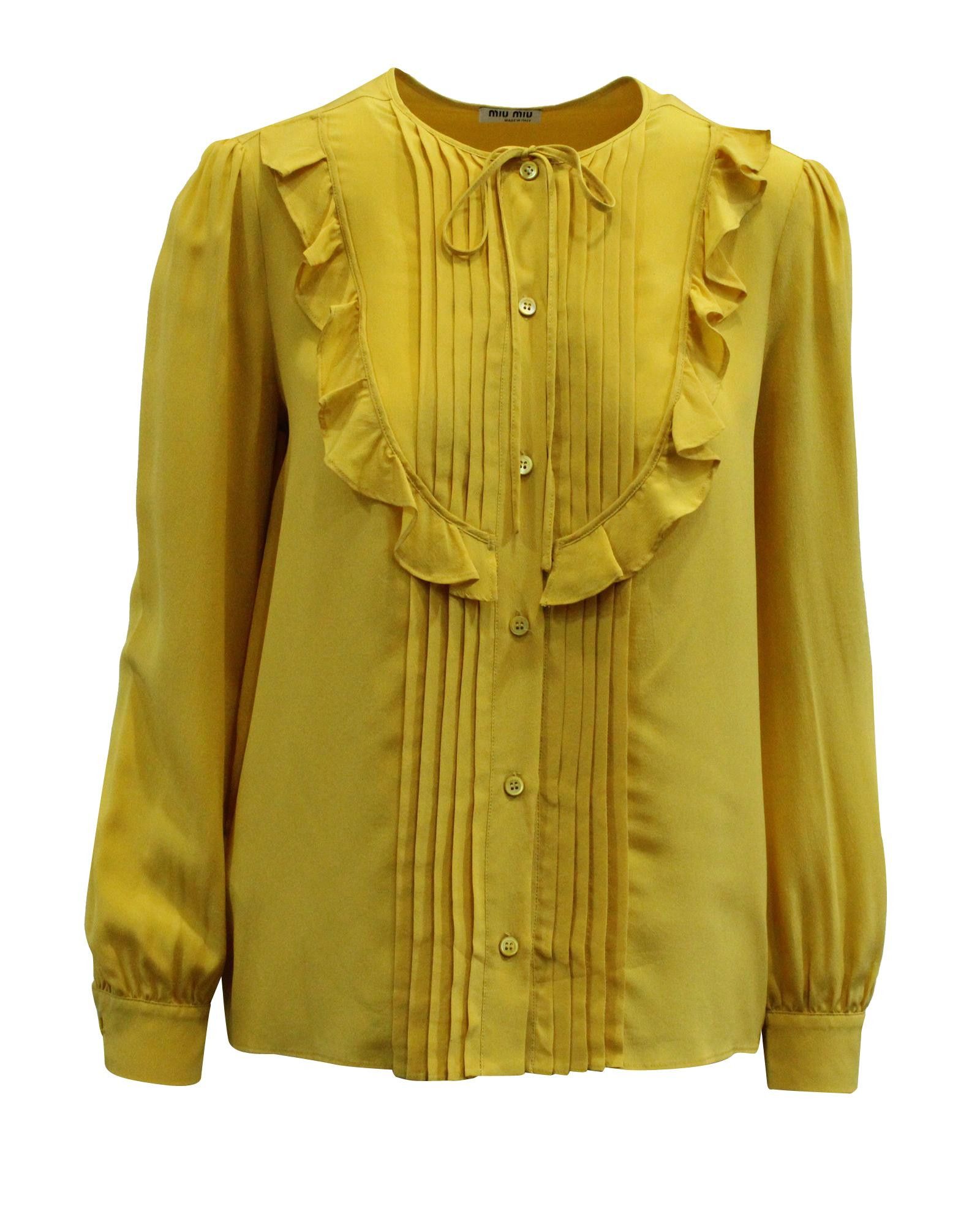 image of Yellow Silk Ruffle Blouse With Bow Detail By Miu Miu, Women's (Size XS)