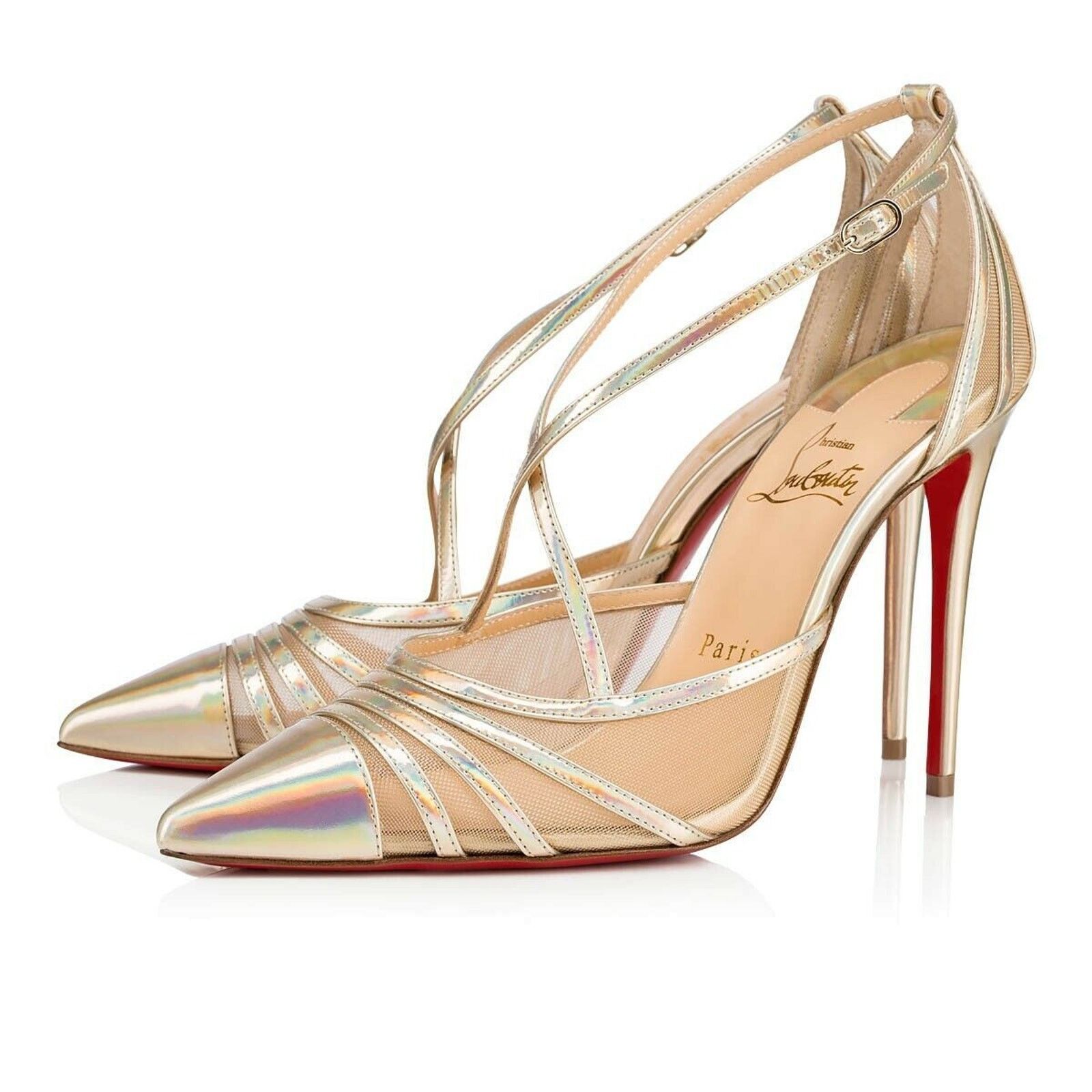 Christian Louboutin Theodorella 100 Platine Gold Mesh Ankle Strap Heel Pump 37 Size US 7 / IT 37 - 1 Thumbnail