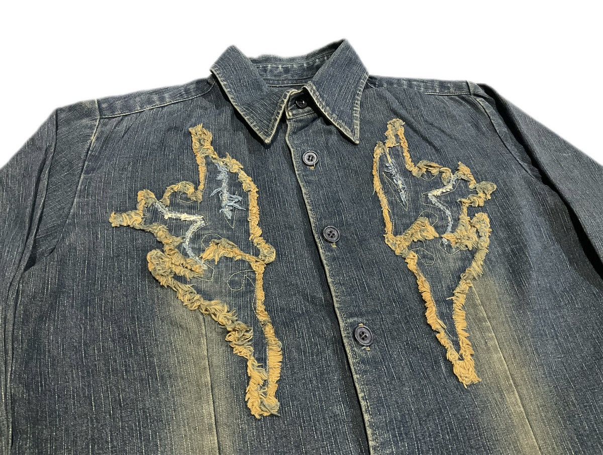 If Six Was Nine × Japanese Brand × Tornado Mart 🔥Y2K Archived Tornado Mart Tribal Denim Shirt Mud Wash Fray Size US L / EU 52-54 / 3 - 4 Thumbnail