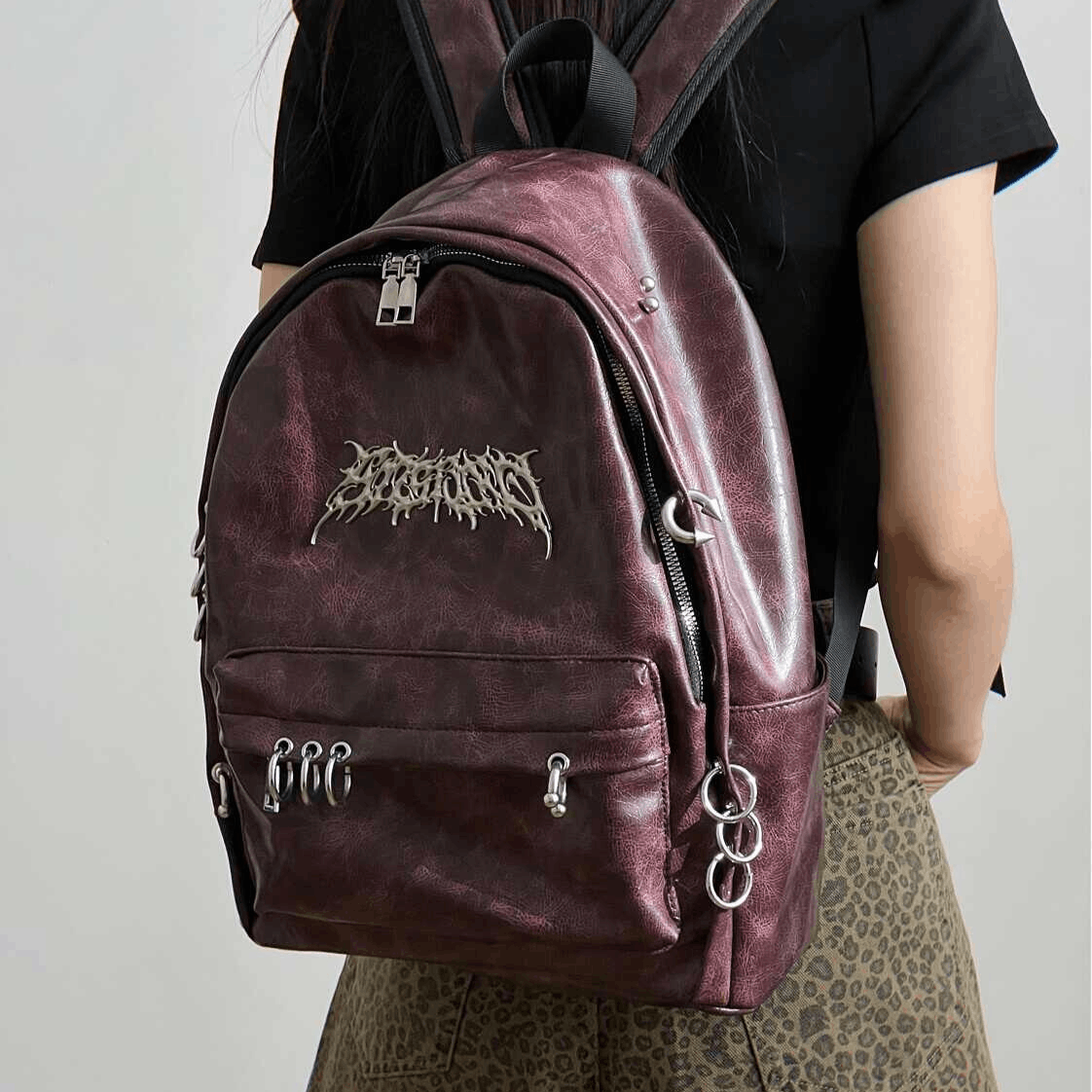Gothic Backpack - Distressed Faux Leather Metal Rings