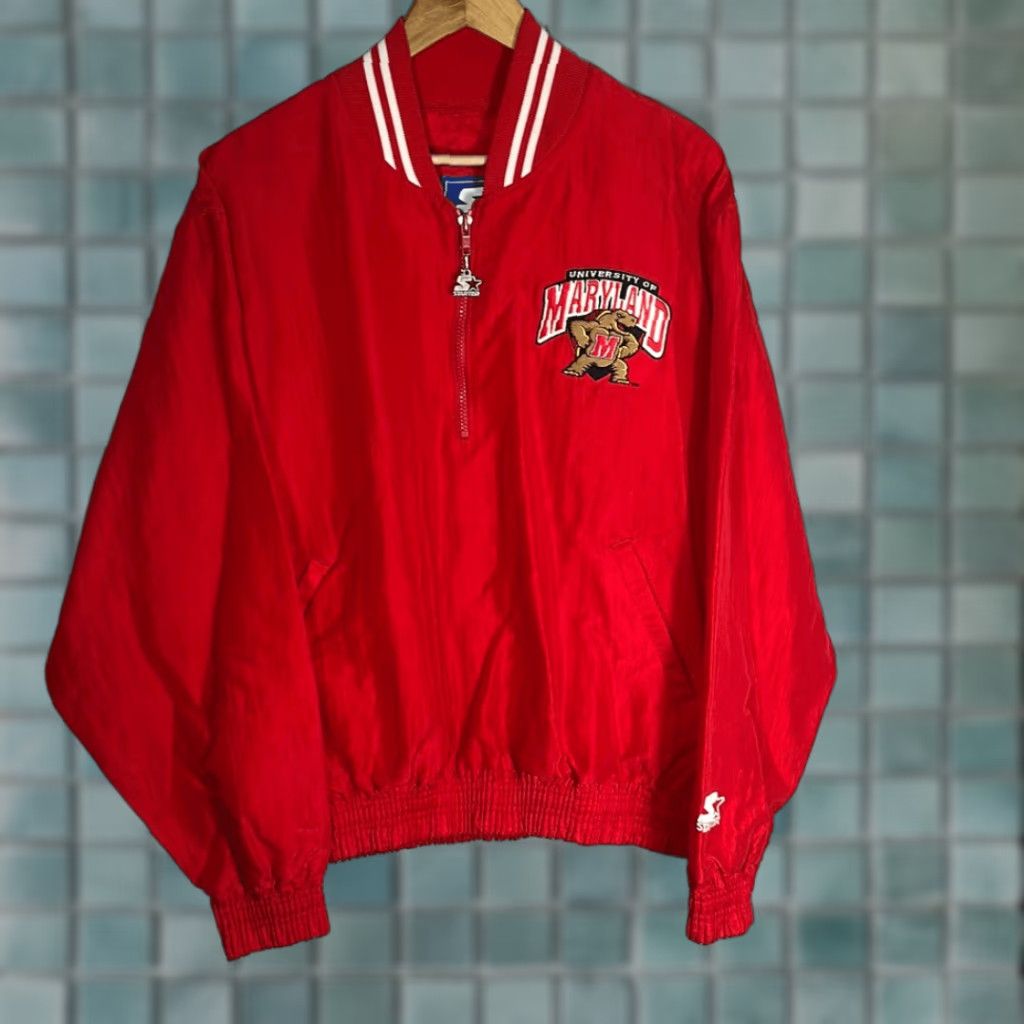 Starter VINTAGE Starter Jacket Maryland Terrapins Terps Quarter Zip Pullover Unisex Adults L Red Black Nylon Made in USA Size US L / EU 52-54 / 3 - 1 Thumbnail
