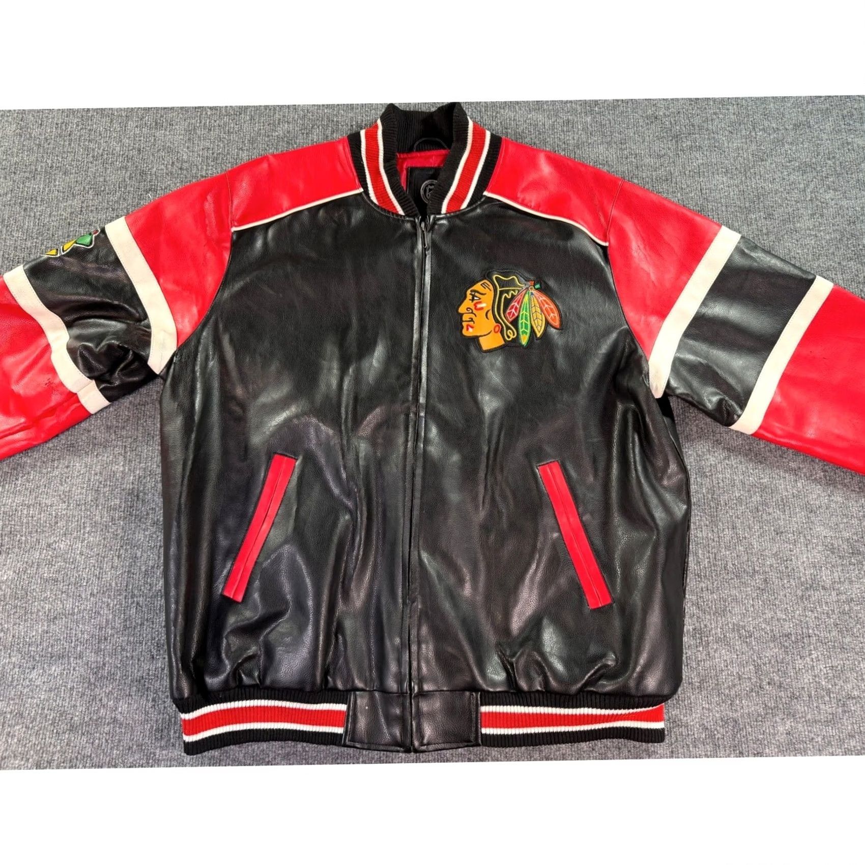 NHL Chicago Blackhawks Jacket Mens XL Black Red Faux Leather Varsity Bomber Zip NHL Size US XL / EU 56 / 4 - 6 Thumbnail