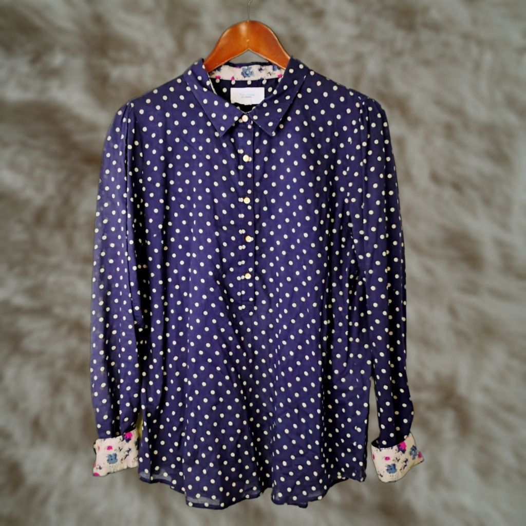 VINTAGE Trovata Birds Of Paradise Long Sleeve Button-Up Shirt Womens L Blue Polka Dot Lightweight Sheer Back Open Back 1/2 Button Up