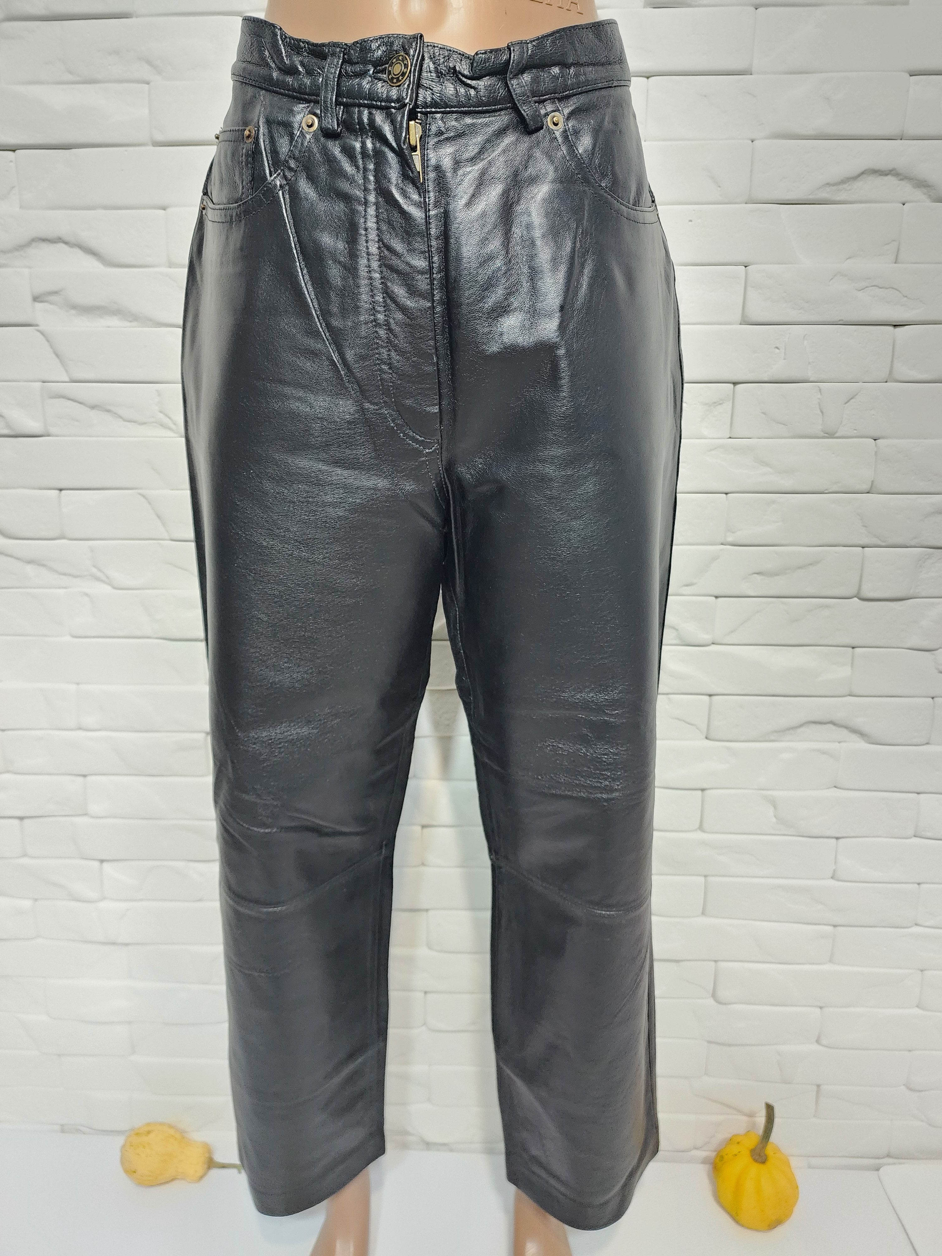 Genuine Leather Black Leather Pants: Elegant High Waist Trousers Size 30" / US 8 / IT 44 - 2 Thumbnail