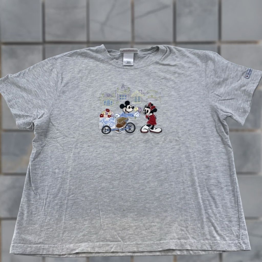 Vintage Disneyland Womens Boxy Large Mickey Minnie Mouse Embroidered Tee Gray Shirt Cartoon Floral Flower Size L / US 10 / IT 46 - 1 Thumbnail