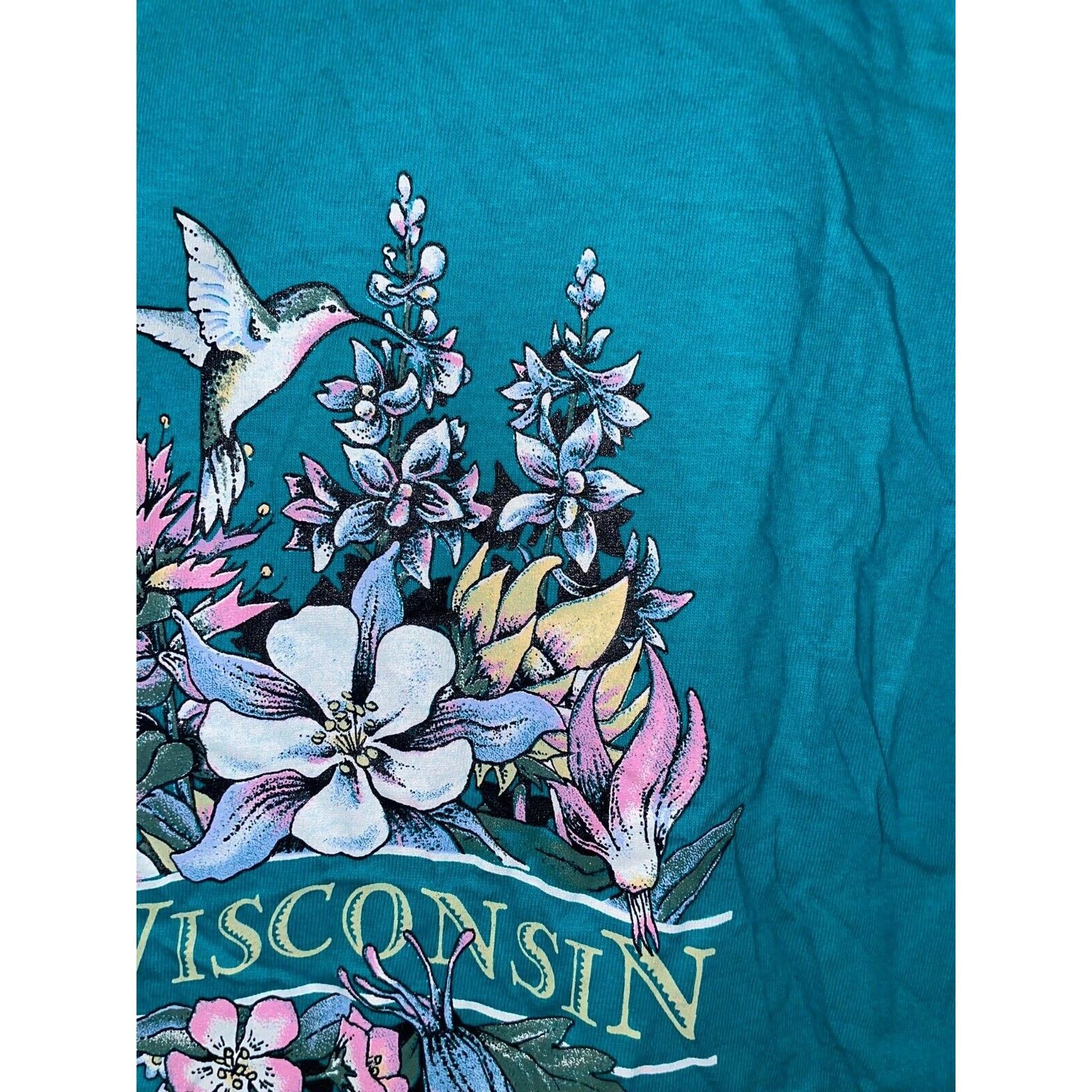 Jerzees Vintage Wisconsin Flower Shirt Teal Tee VTG 90s 1998 Large Size US XL / EU 56 / 4 - 4 Thumbnail