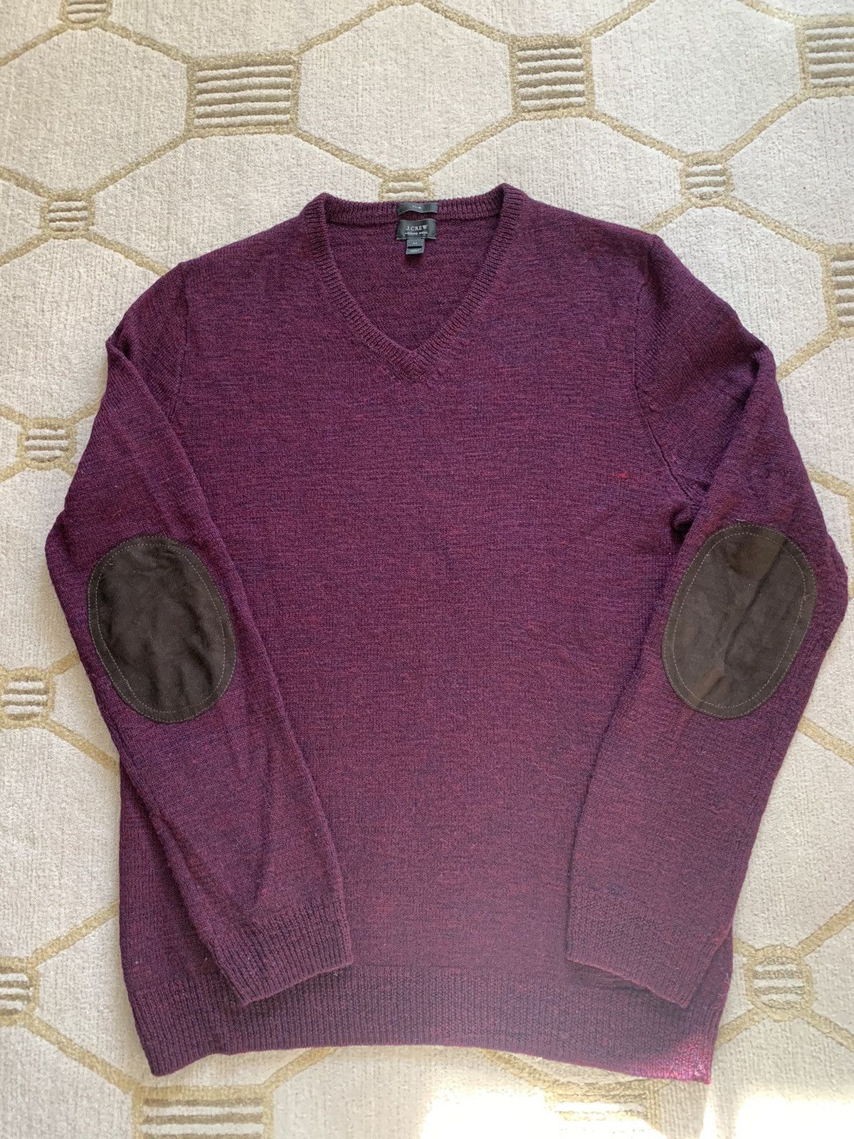 image of J Crew Merino Wool Slim Elbow Patch V-Neck Sweater in Maroon, Men's (Size Medium)
