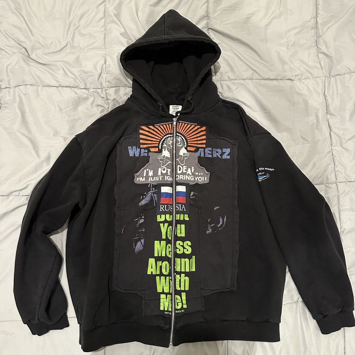 image of Vetements Aw18 Russia Patchwork Zipup Hoodie in Black, Men's (Size Medium)
