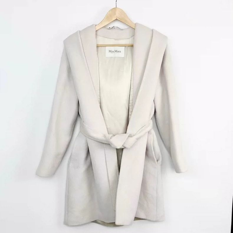 Max Mara Max Mara White wool hooded bathrobe coat Size L / US 10 / IT 46 - 1 Thumbnail