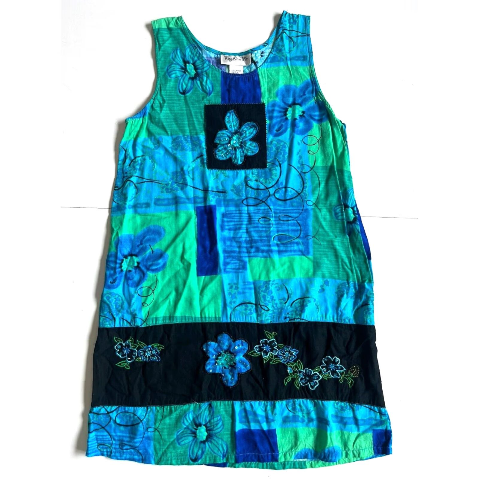 Vintage VINTAGE Key Lime Pie Rayon Blue Green Floral Beaded Tank Sun Dress Medium Size M / US 6-8 / IT 42-44 - 2 Thumbnail