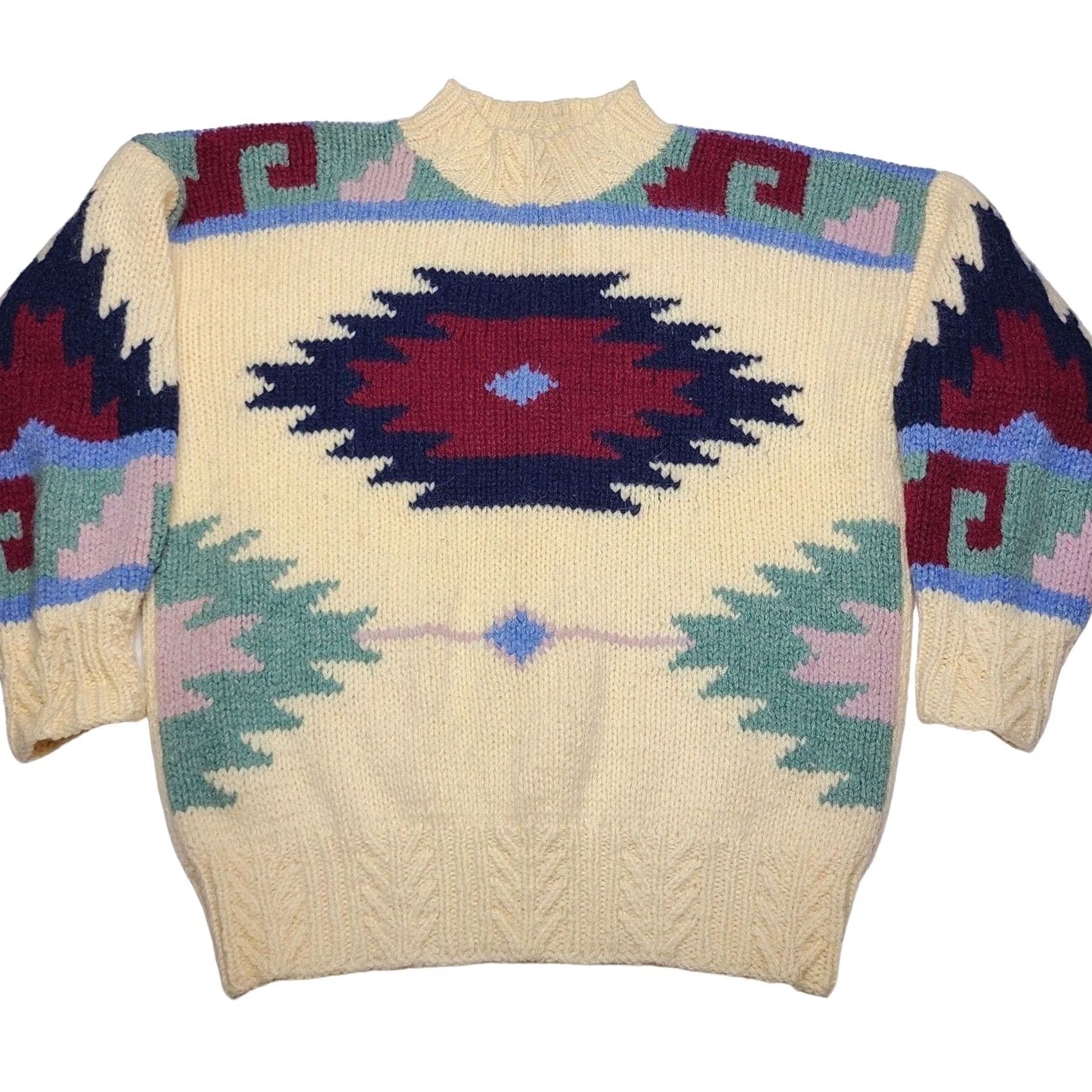 Vintage VINTAGE Susann D Sweater Hand Knit 100% Wool Aztec Design Women's Size Medium Crew Neck Knitted Tight-Knit Long Sleeve Pullover Beige, M Women's, 90s Size M / US 6-8 / IT 42-44 - 2 Thumbnail