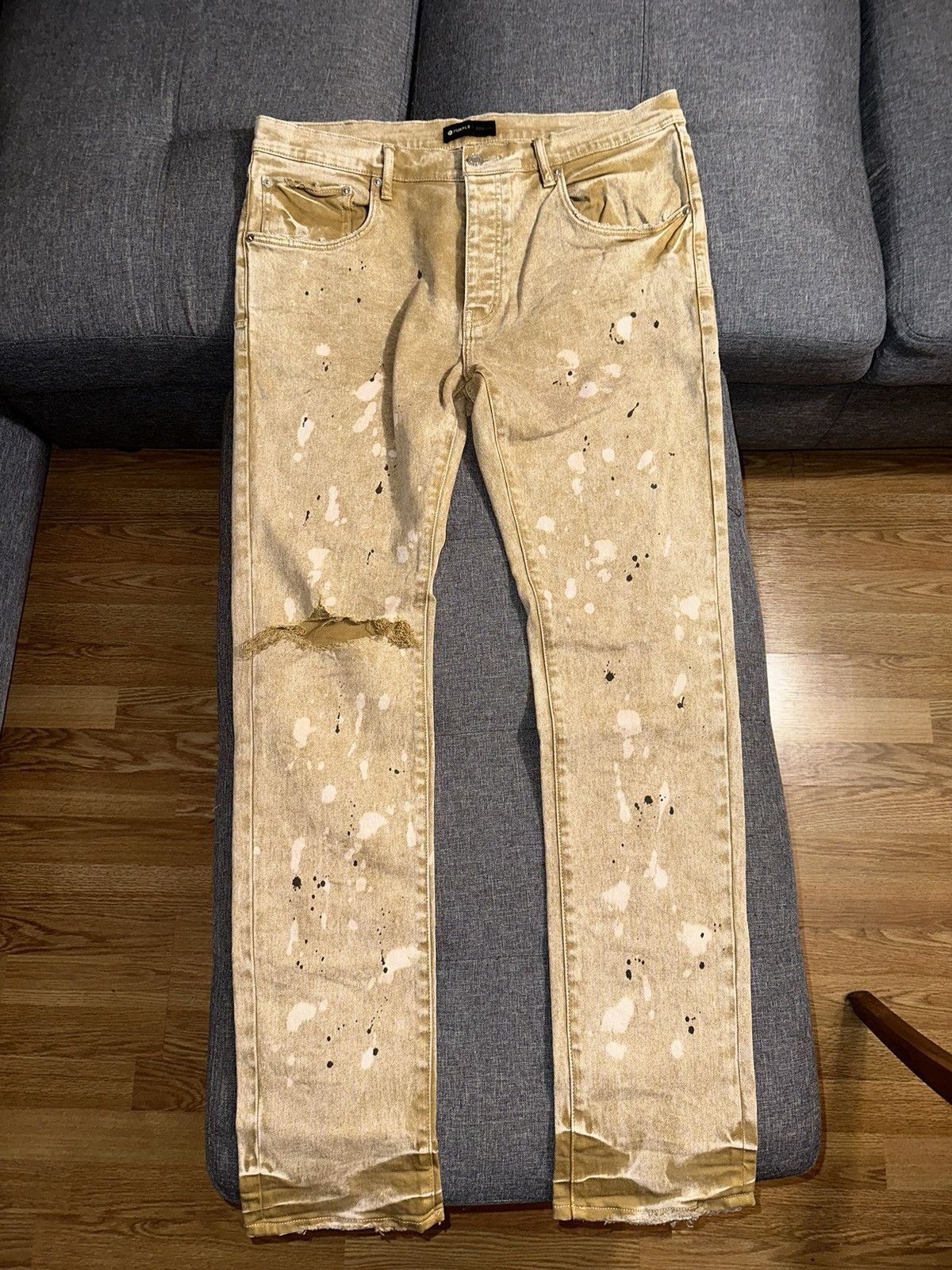 image of Khaki Paint Splatter Jeans By Purple Brand, Men's (Size 38)