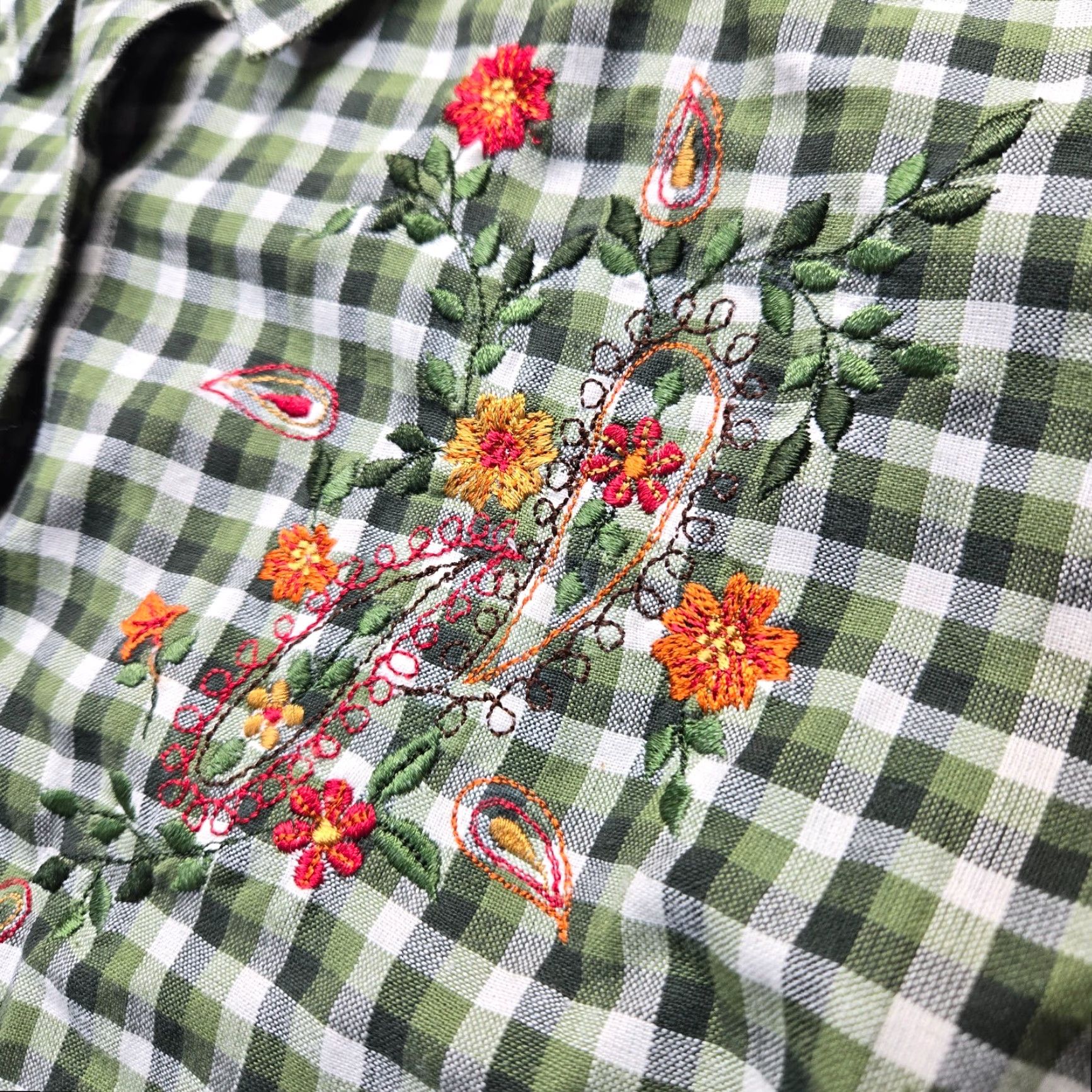 Olive Cabin Creek Shirt Blouse Button Up Green Olive Checkered Embroidery Adult PL Size L / US 10 / IT 46 - 4 Thumbnail
