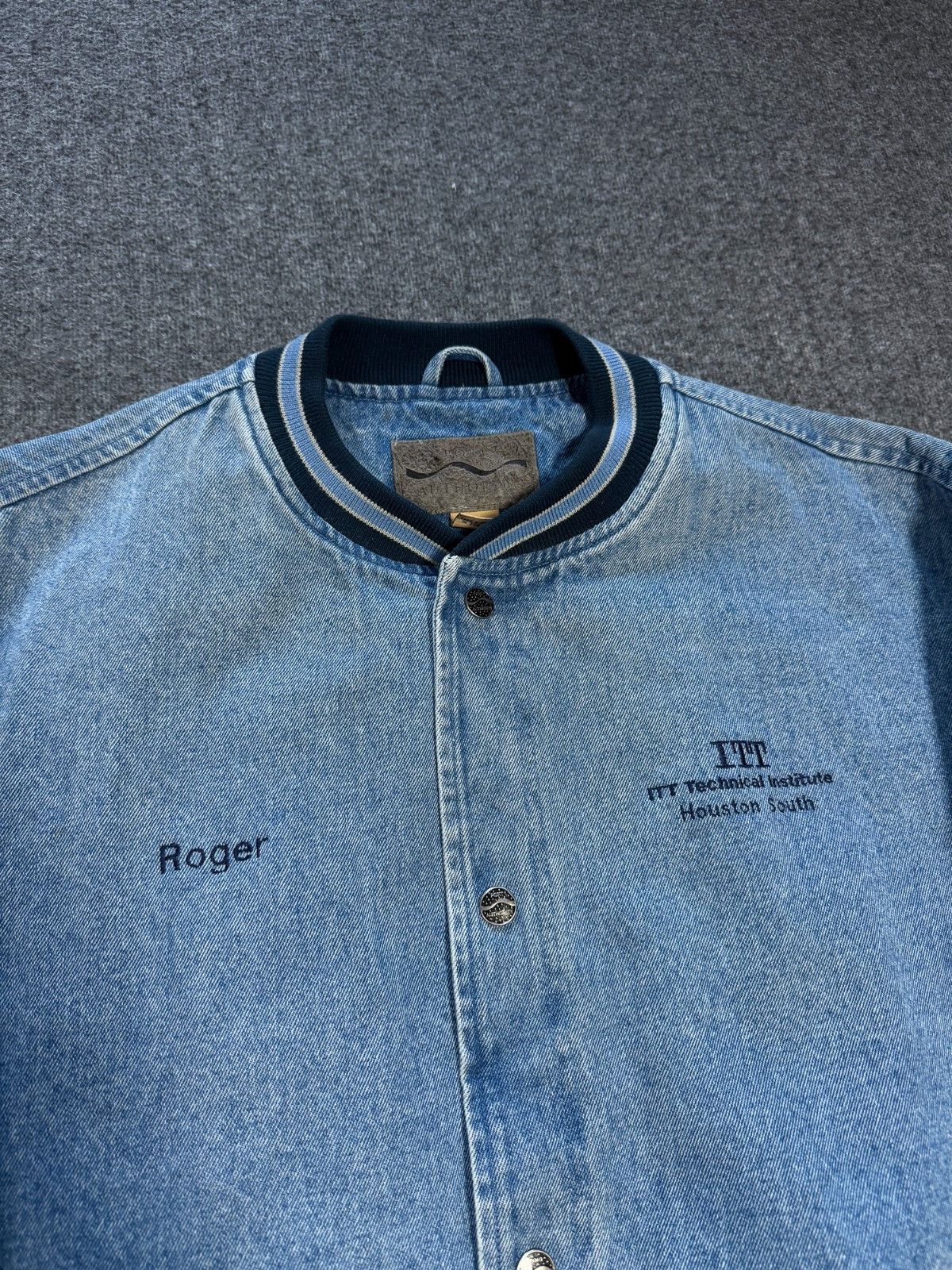 Vintage 90s Denim Varsity Bomber Jacket Workwear Tan Blue XL Size US XL / EU 56 / 4 - 5 Thumbnail