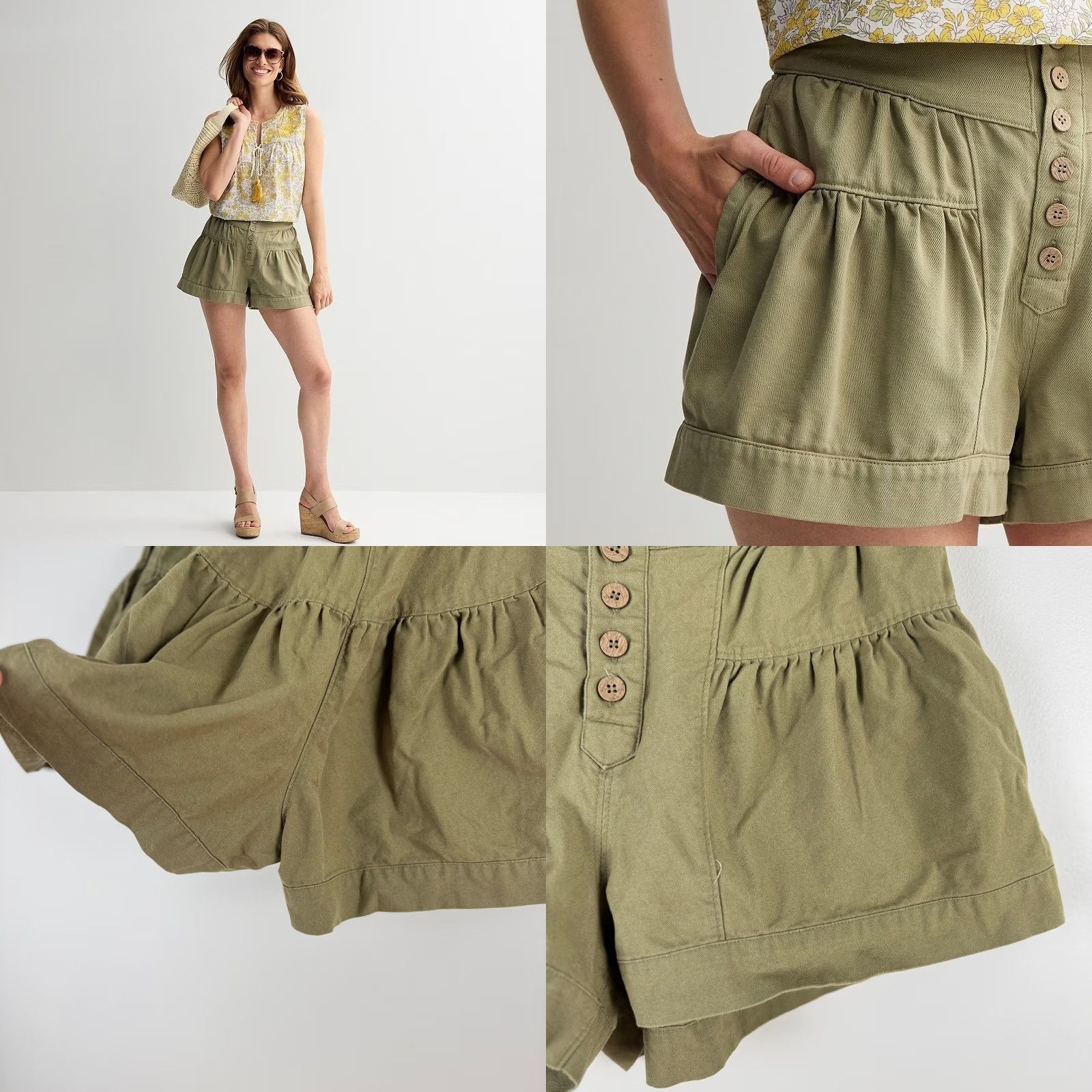 Olive Women Olive Green Tiered Ruffle Button Front Shorts M Cotton Size 32" / US 10 / IT 46 - 9 Thumbnail