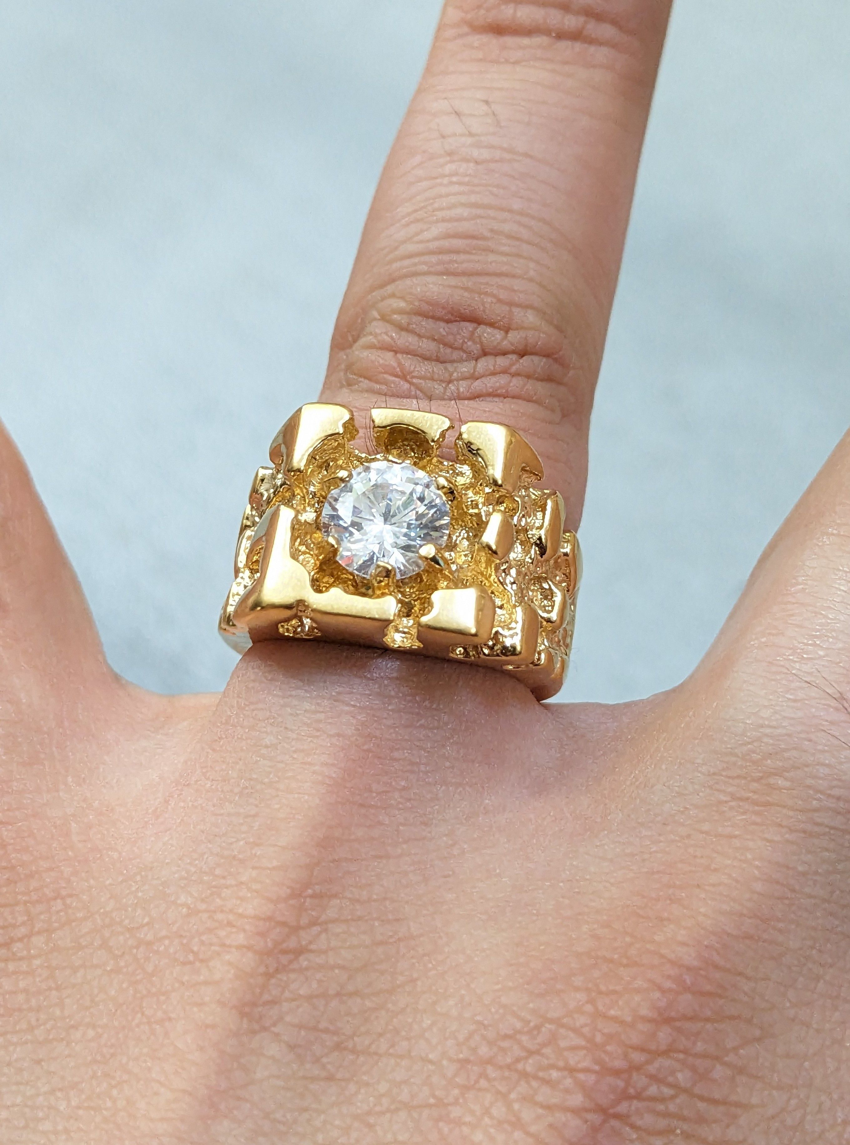Jewelry Gold Plated Ring Nugget CZ Size 7 Brutalist Modern Square Size ONE SIZE - 11 Thumbnail