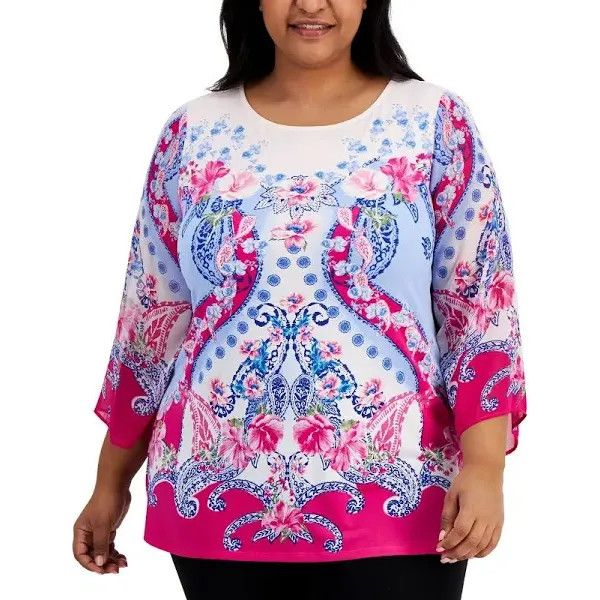 JM Collection JM Collection Tulip Sleeve Plus Size Printed Top, Fuchsia, 1 Size ONE SIZE - 1 Thumbnail