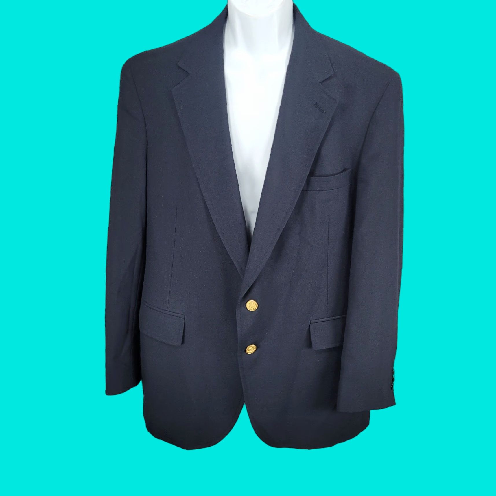 Evan Picone VTG Evan Picone Navy Gold Button Vented Notch Blazer Sport Coat USA 44R Size 44R - 1 Thumbnail