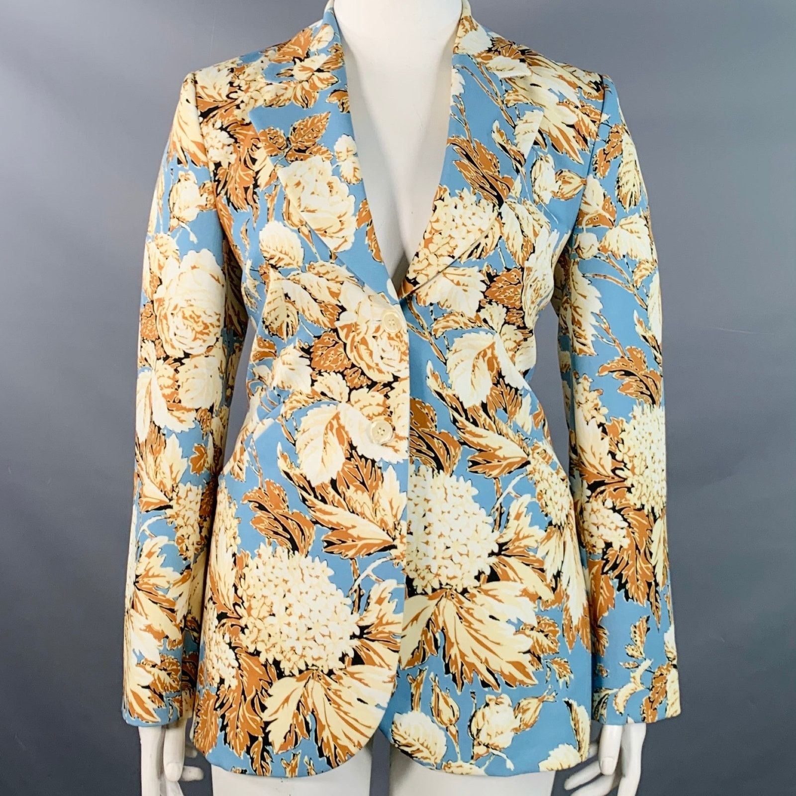 Stine Goya Blue Tan Polyester Floral Notch Lapel Zip Pockets Blazer Size L / US 10 / IT 46 - 1 Thumbnail