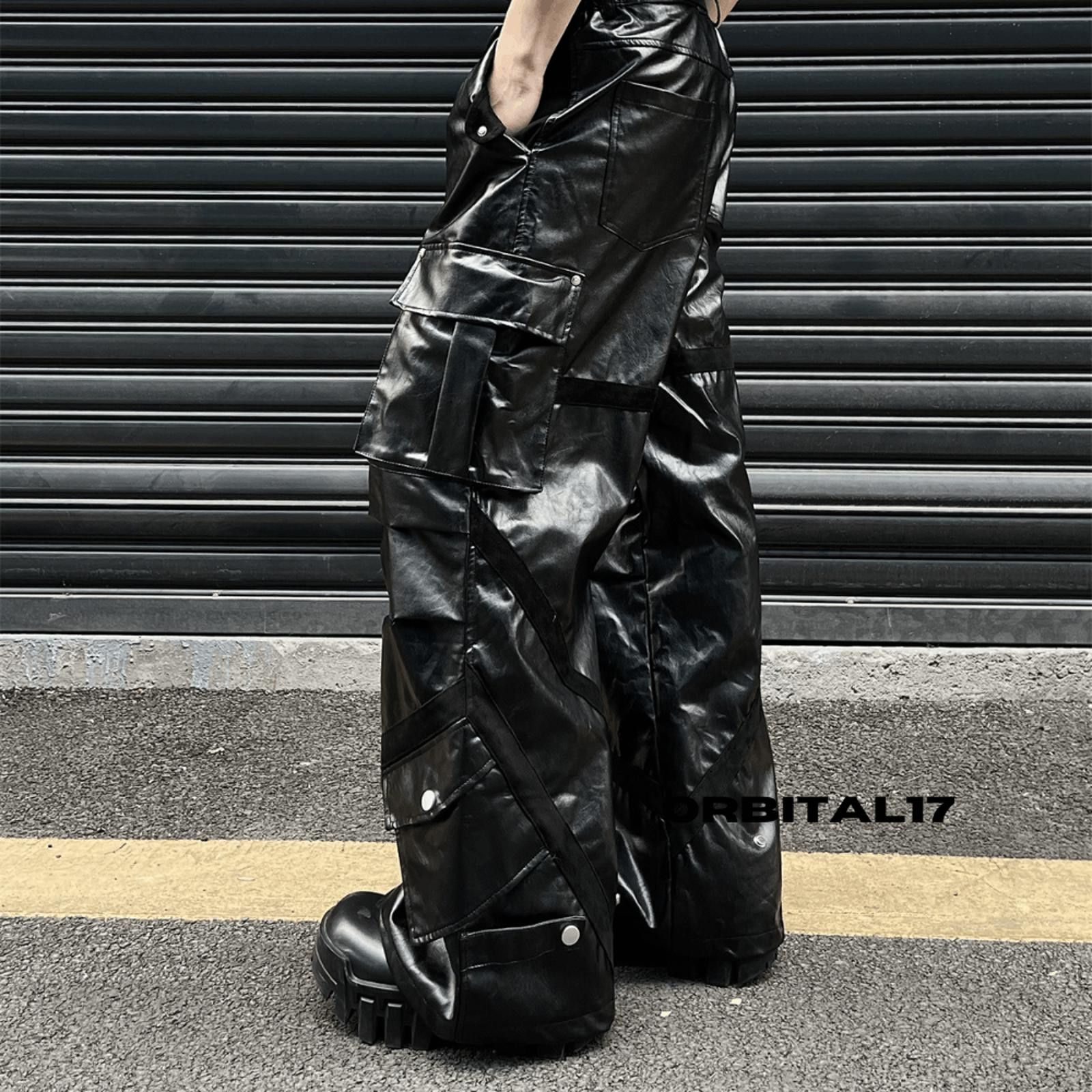 Leather Black Cargo Baggy Stacked Flare PU Leather Jeans Size US 32 / EU 48 - 3 Thumbnail