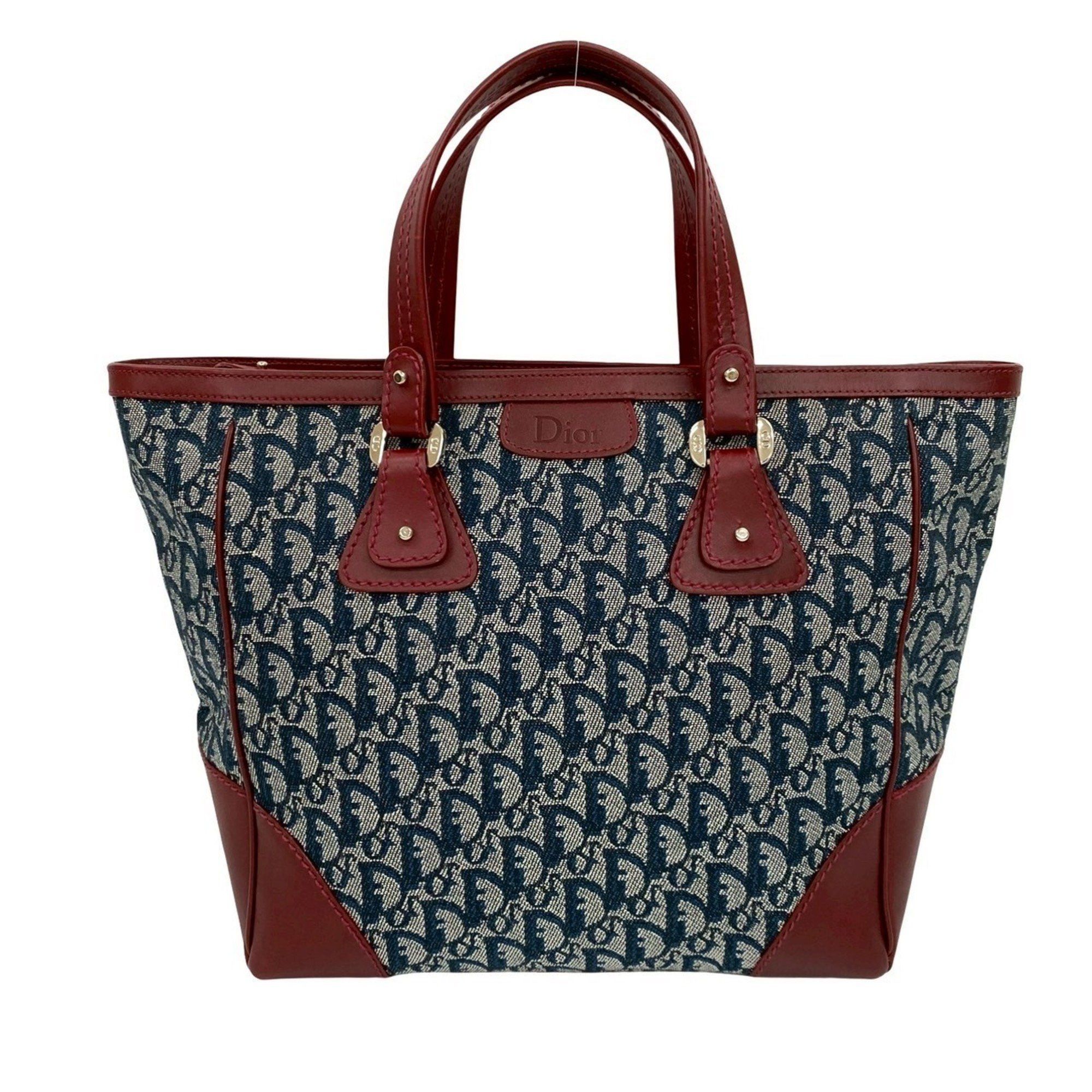 Dior Christian Dior Logo Trotter Pattern Canvas Leather Handbag Tote Bag in Bordeaux and Navy (Product Code: 27347) Size ONE SIZE - 1 Thumbnail