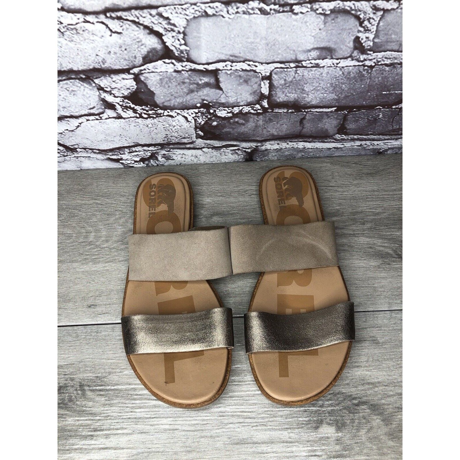 SOREL Sorel Taupe Suede Gold Leather Slides Sandals Women Sz 8.5M Size US 8.5 / IT 38.5 - 11 Thumbnail