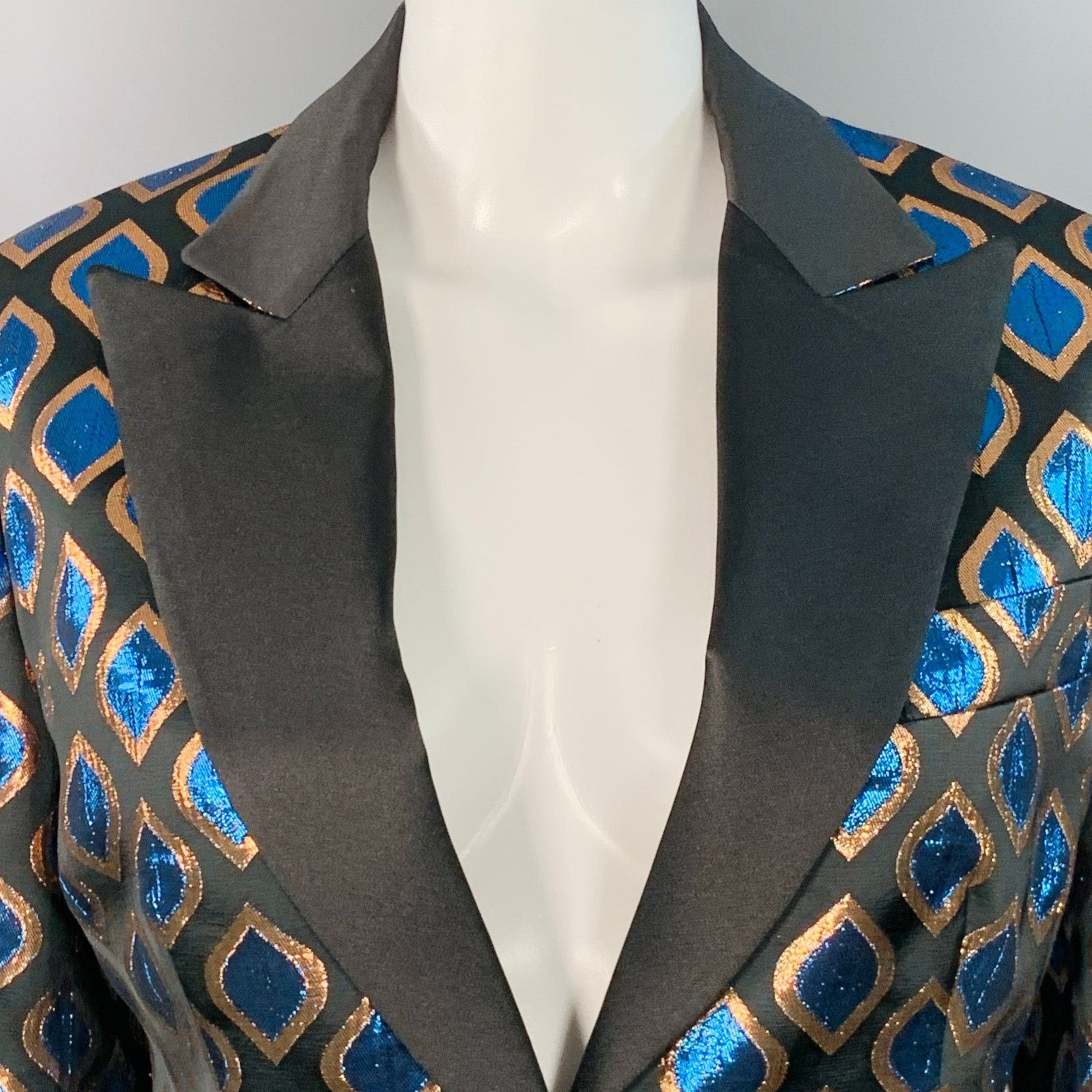 Etro Black Blue Metallic Geometric Peak Lapel Jacket Blazer Size M / US 6-8 / IT 42-44 - 3 Thumbnail