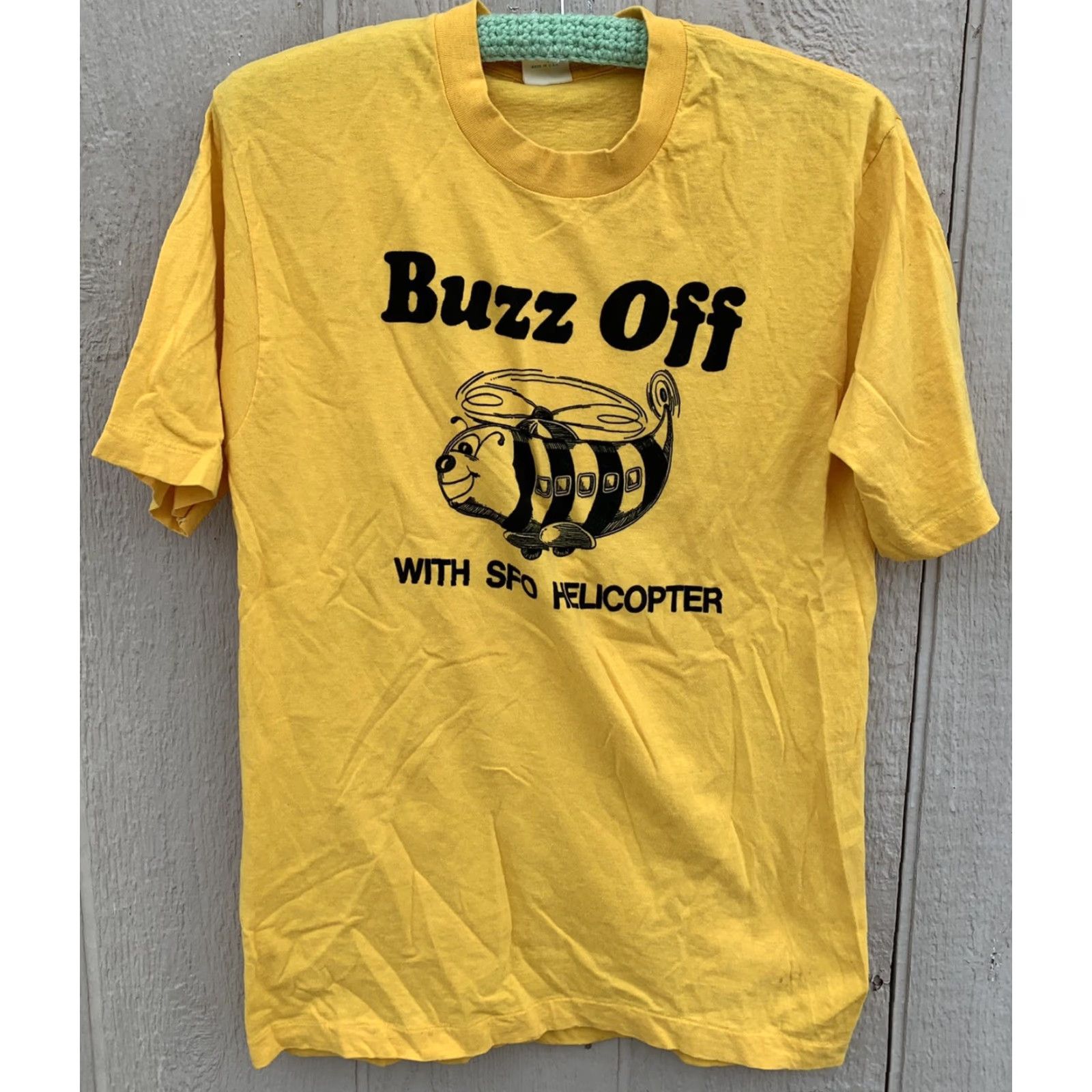 Vintage VINTAGE Belton T-Shirt Buzz Off With SFO Helicopter Graphic Bee 100% Cotton Crew Neck Short Sleeve L Mens Yellow 1970s Size US L / EU 52-54 / 3 - 3 Thumbnail