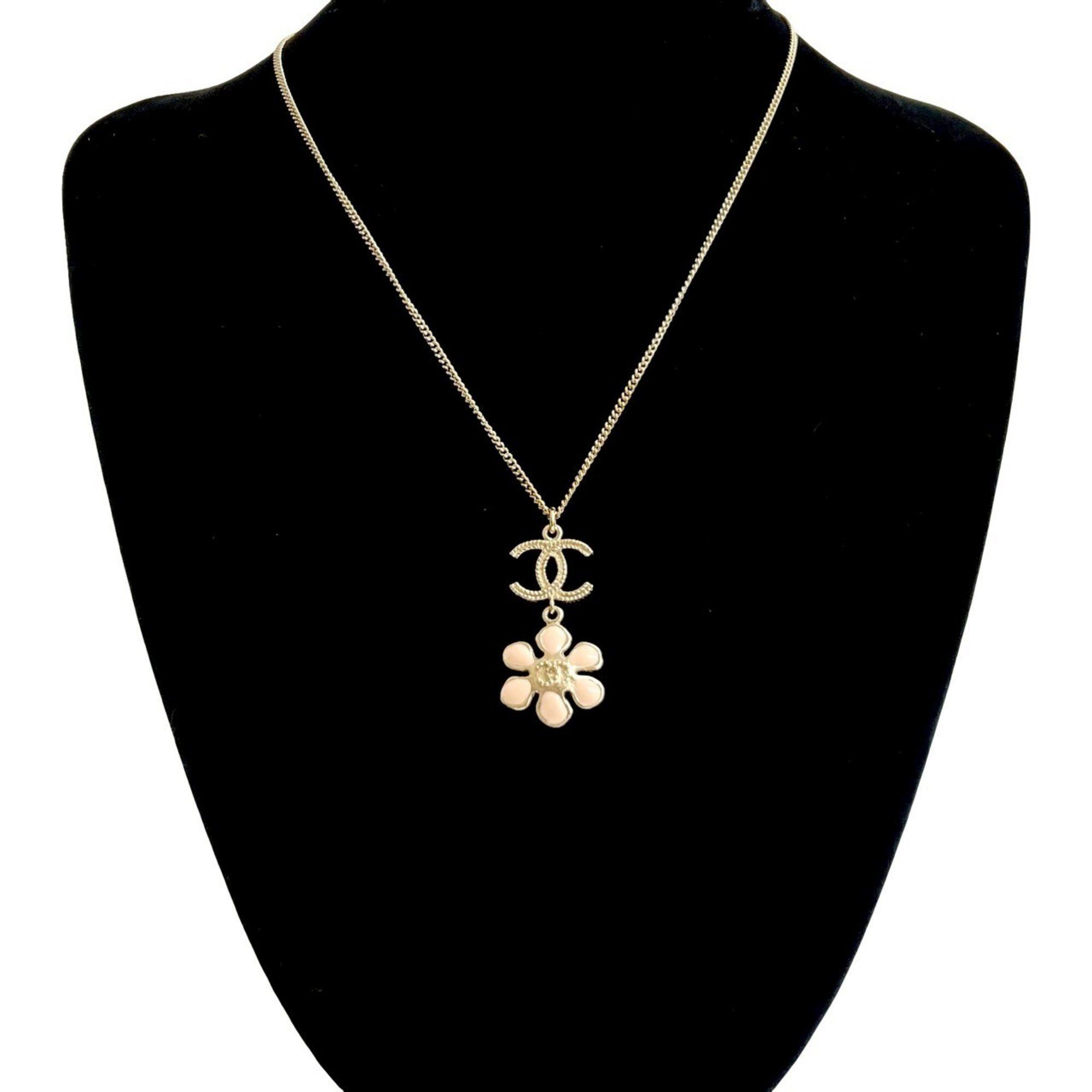CHANEL Coco Mark Flower Motif GP Faux Pearl Necklace Pendant in Gold and Pink 64651