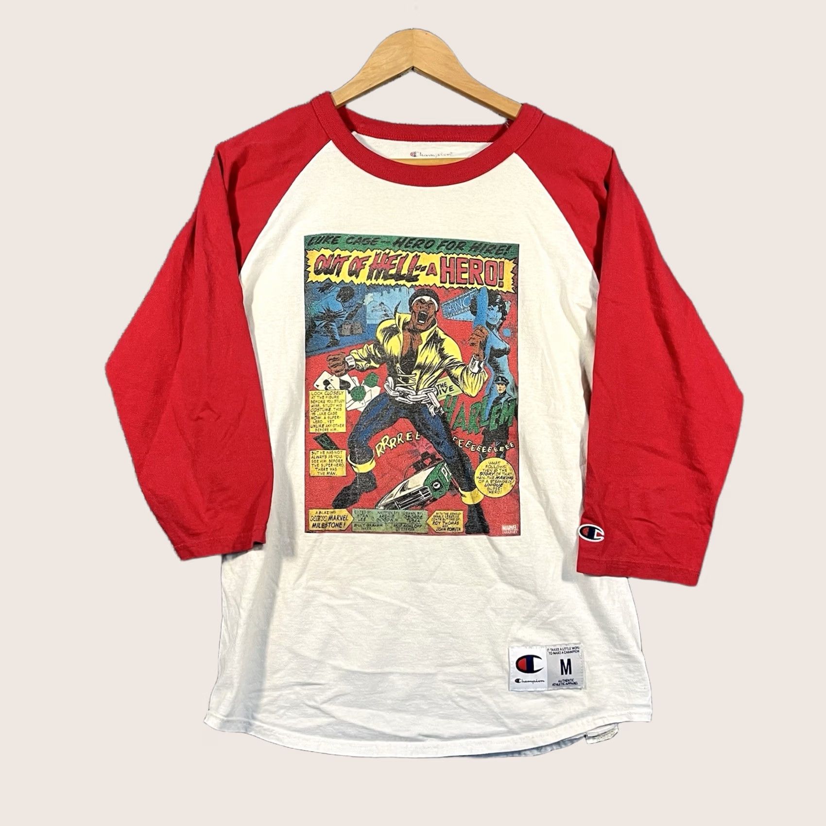 Vintage Marvel Luke Cage Hero For Hire Vintage Comic T-Shirt Mens M Raglan Red Crew Neck Graphic Tee Short Sleeve Soldier Army Hero Size US M / EU 48-50 / 2 - 1 Thumbnail