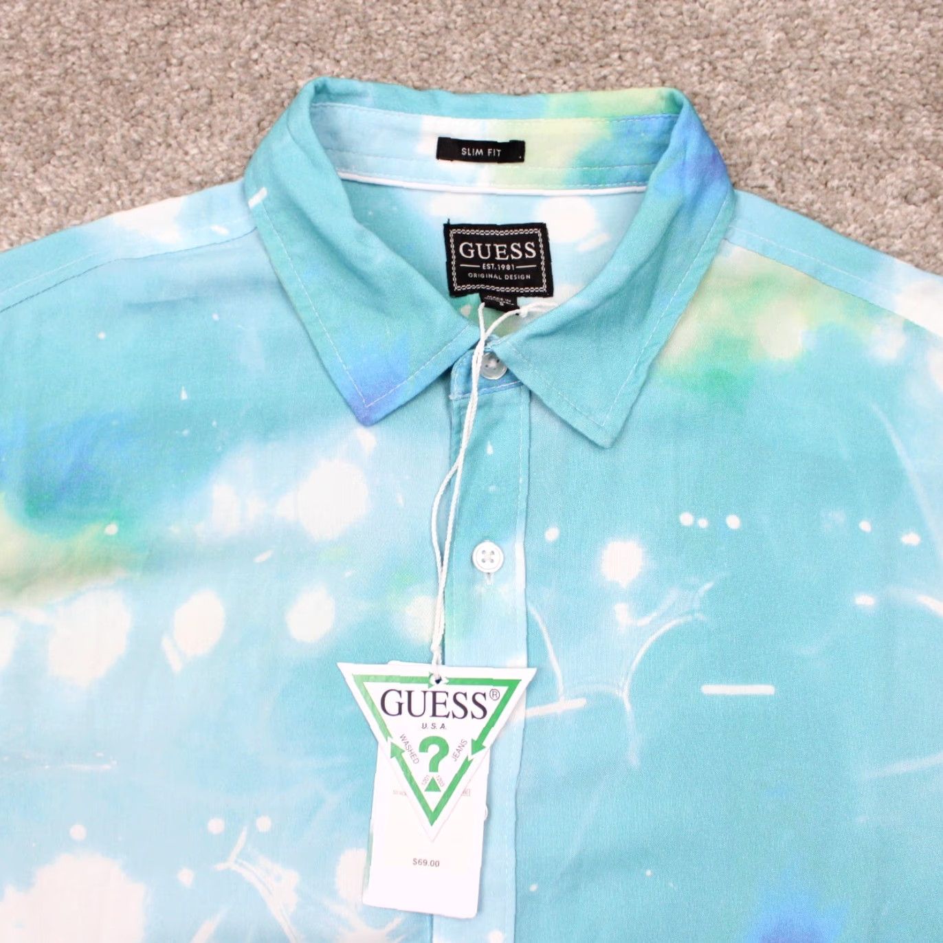 Guess GUESS Shirt Mens Small Blue Submerged Print Slim Fit S/S Button 100% Rayon Size US S / EU 44-46 / 1 - 5 Thumbnail