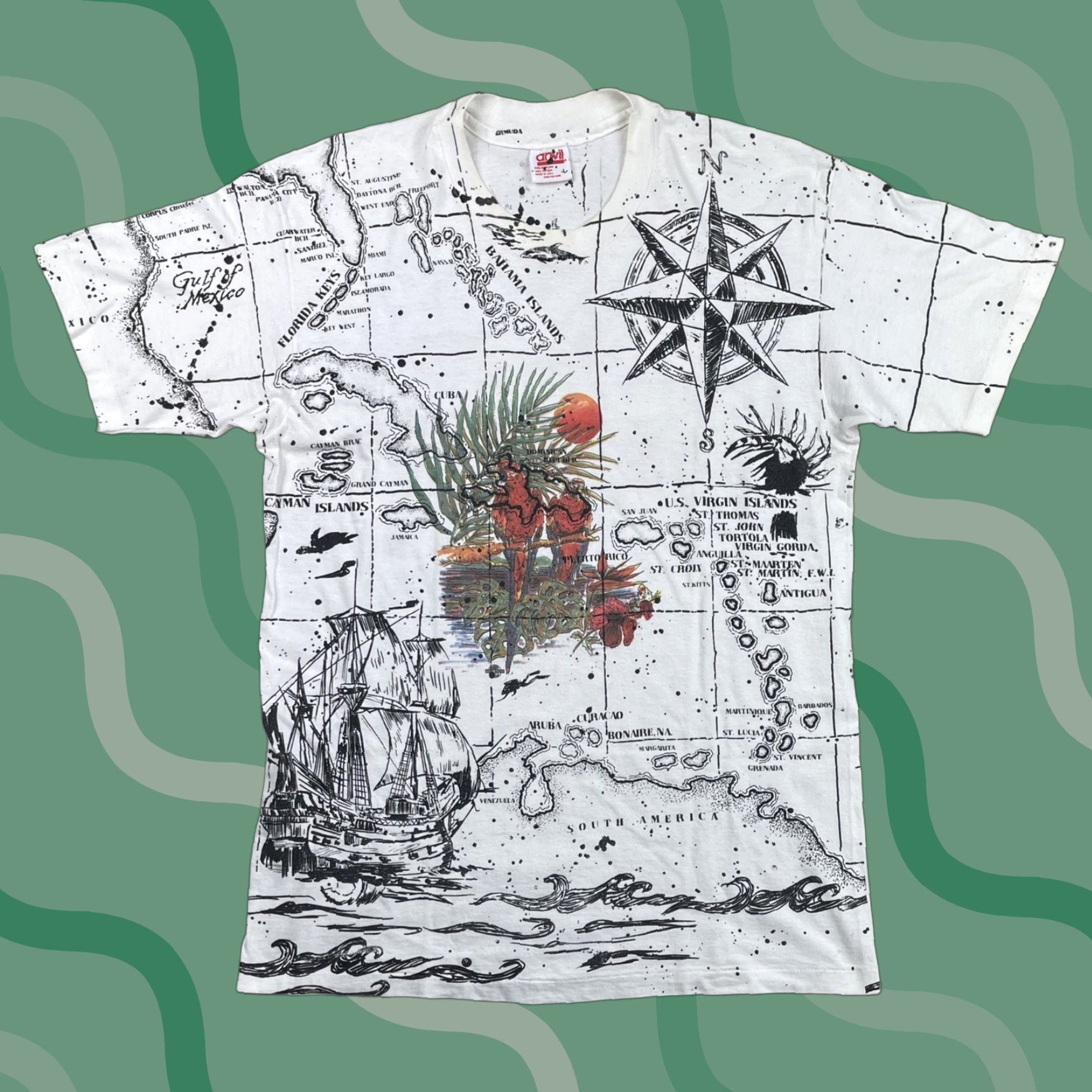 Anvil VINTAGE Anvil T-Shirt Island Print AOP Bahamas Florida Keys Cayman Jamaica 90s Crew Neck Short Sleeve White L Mens/Womens? Unisex Adults White Size US L / EU 52-54 / 3 - 1 Thumbnail