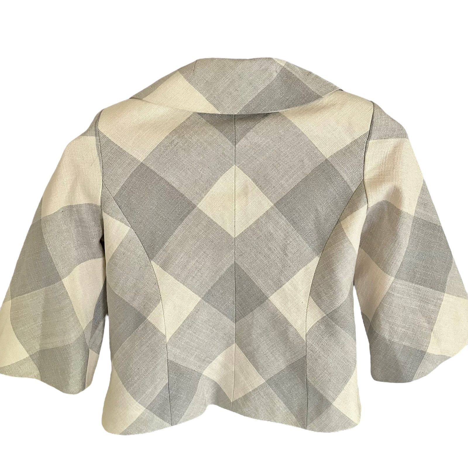 SMYTHE Smythe Light Gray Buffalo Check Cropped Silk Linen Jacket Size S / US 4 / IT 40 - 3 Thumbnail