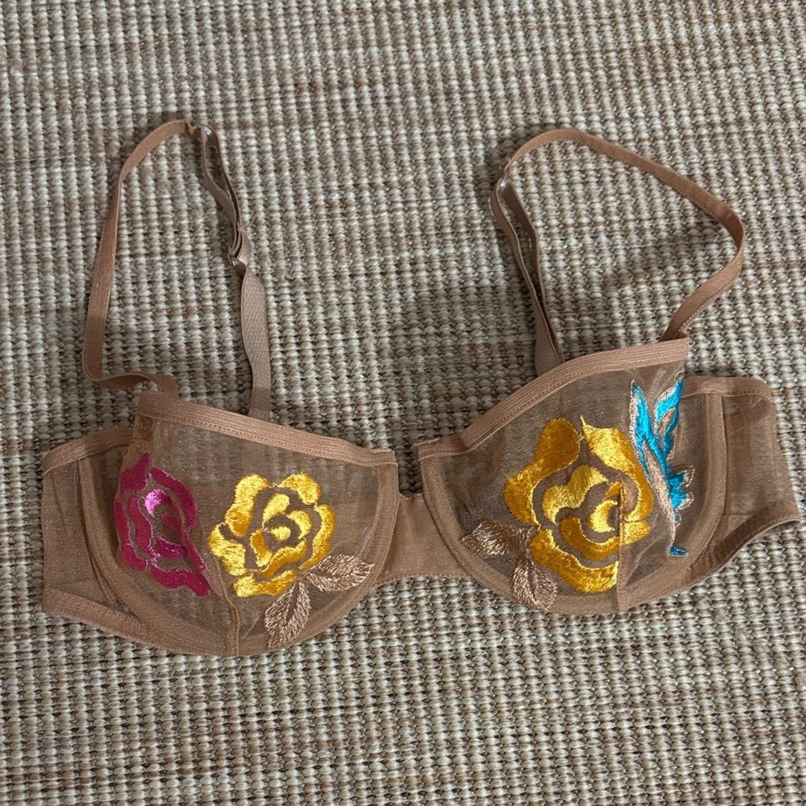 La Perla La Perla Tan Bra with Vibrant Floral Embroidery Size 34C Size ONE SIZE - 1 Thumbnail